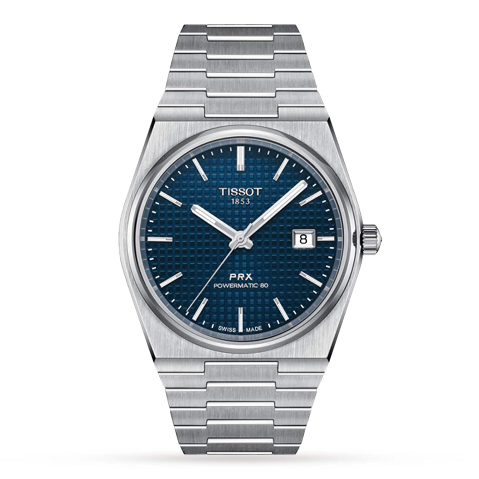The Tissot PRX Powermatic 80 is a luxurious stainless steel wristwatch featuring a blue textured dial, silver hour markers, date window at 3 o’clock, and bracelet band. It runs on the precise Powermatic 80 movement for reliable performance.