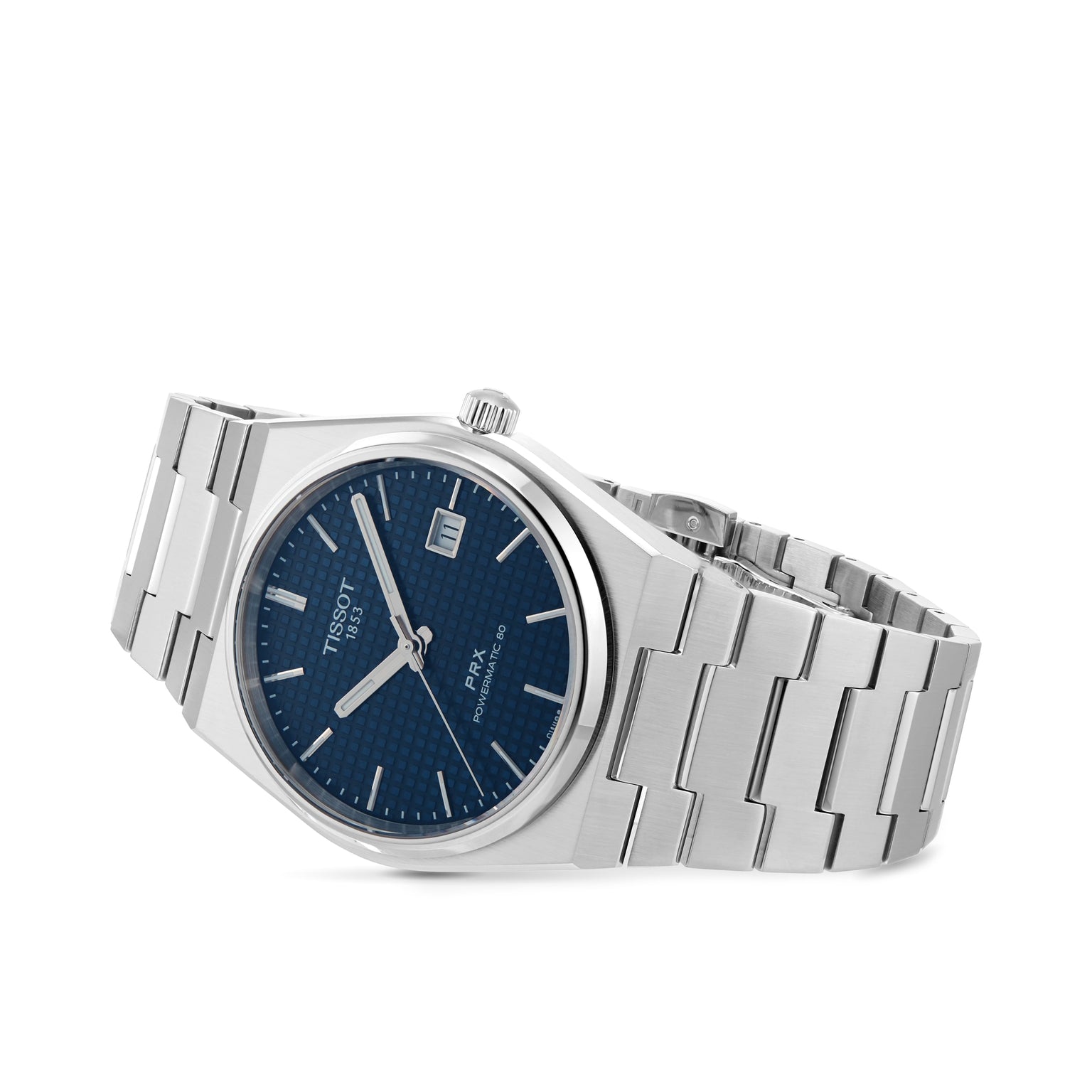 The Tissot PRX Powermatic 80 wristwatch, featuring a stainless steel case, blue textured dial, date window at 3 o’clock, and silver hour markers, is displayed against a white background.