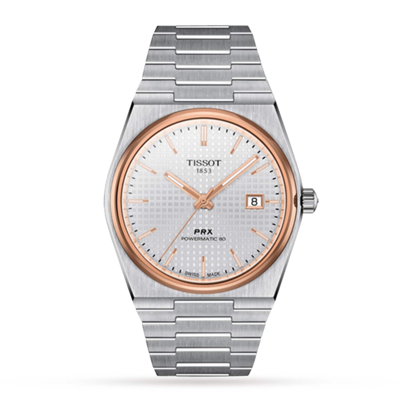The Tissot PRX Powermatic 80 is a silver watch with a white textured dial, gold bezel, date display at 3 o’clock, and a durable stainless steel case and bracelet.