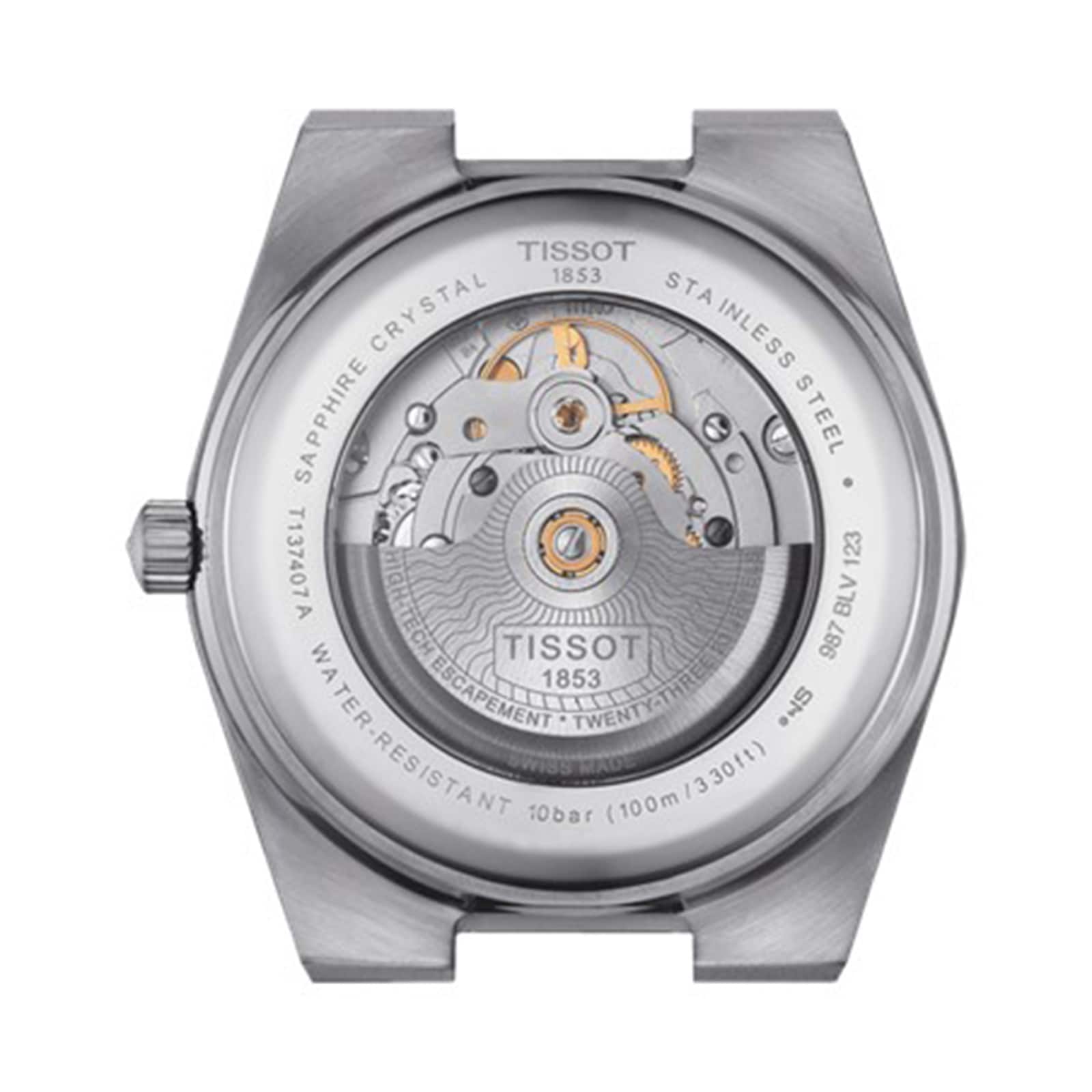 Close-up of the Tissot PRX Powermatic 80s caseback reveals its stainless steel case, sapphire crystal, and the intricately engraved Powermatic 80 movement.