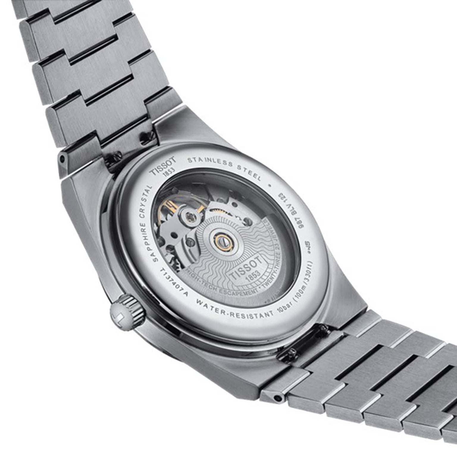Back view of the Tissot PRX Powermatic 80, featuring a stainless steel case, transparent case back, and visible Powermatic 80 movement—a refined design signature of Tissot.