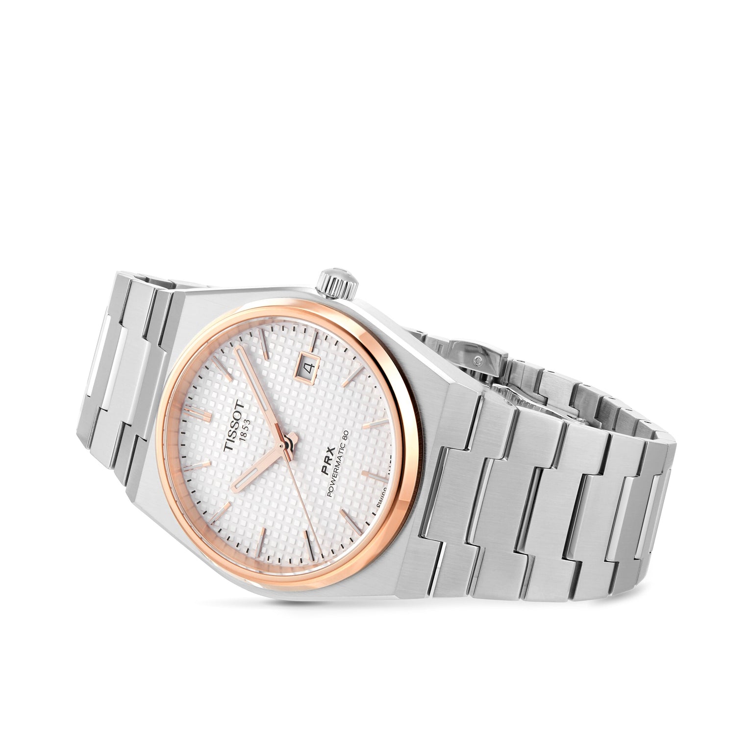 The Tissot PRX Powermatic 80 features a stainless steel case, silver bracelet, white textured dial, rose gold bezel, and a date window at 3 o’clock—showcasing timeless elegance on a white background.