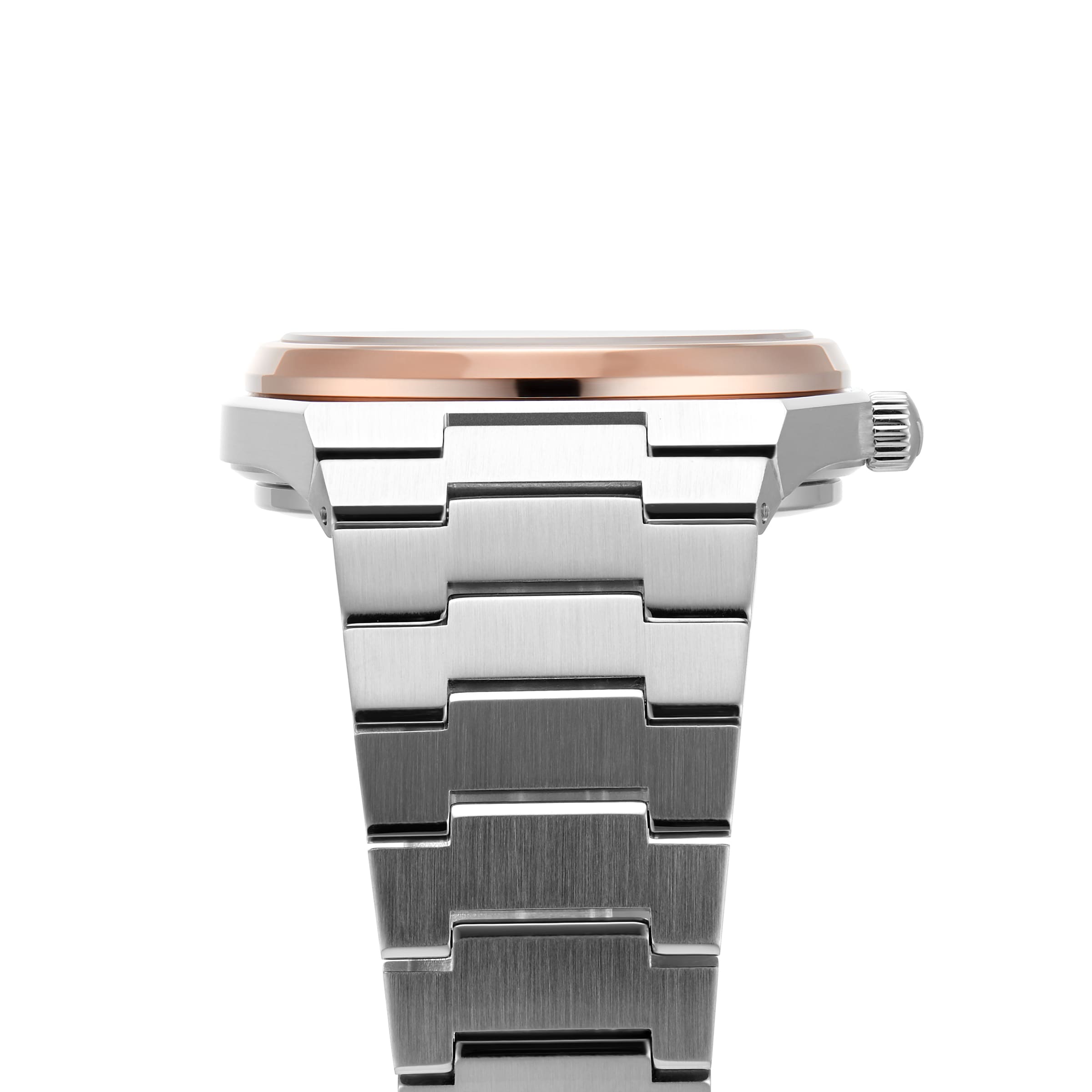 Close-up of the Tissot PRX Powermatic 80’s stainless steel case and band, showcasing brushed links with a detailed side view of the crown and bezel.