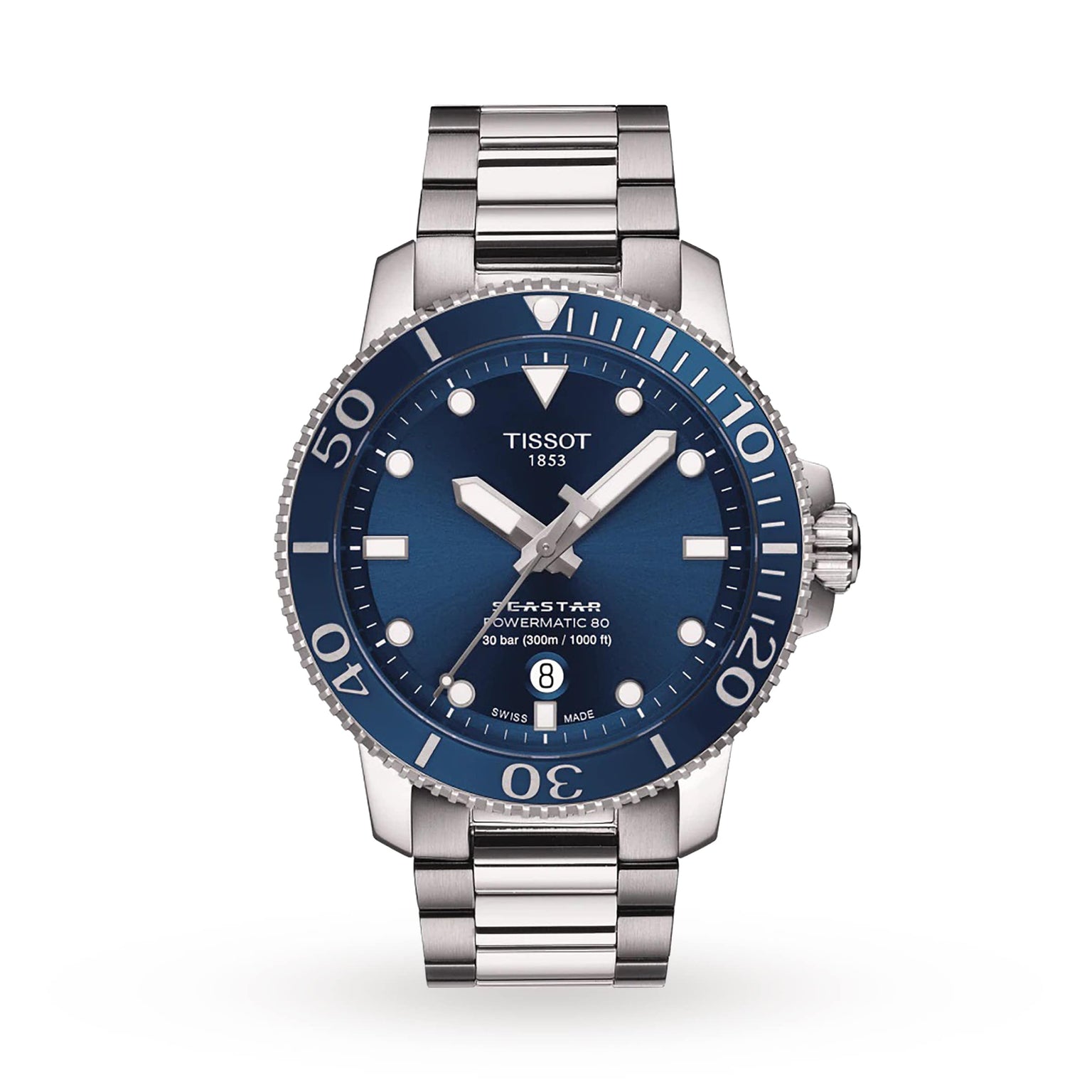 The Tissot Seastar 1000 Powermatic 80 features a stainless steel case, blue dial with white markers, date at 6 o’clock, unidirectional bezel, and Powermatic 80 movement.