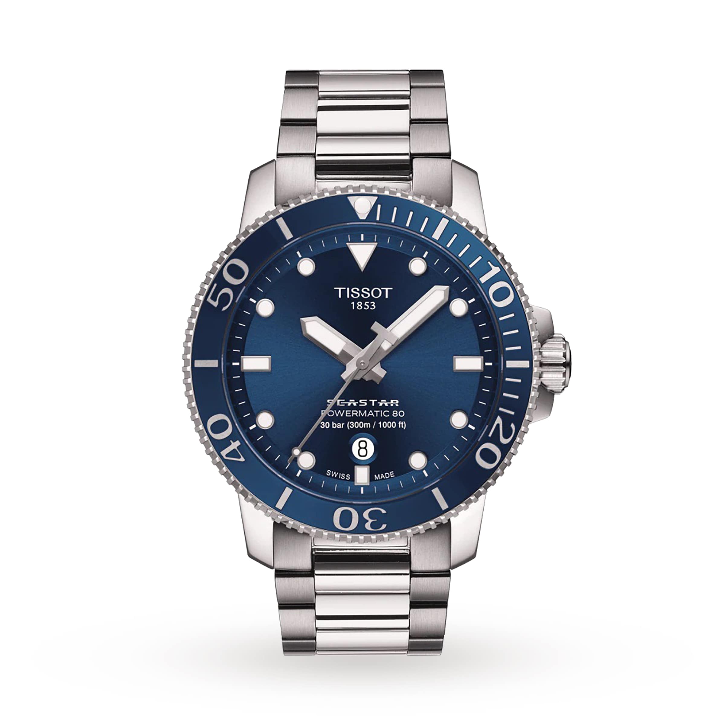 The Tissot Seastar 1000 Powermatic 80 features a stainless steel case, blue dial with white markers, date at 6 o’clock, unidirectional bezel, and Powermatic 80 movement.