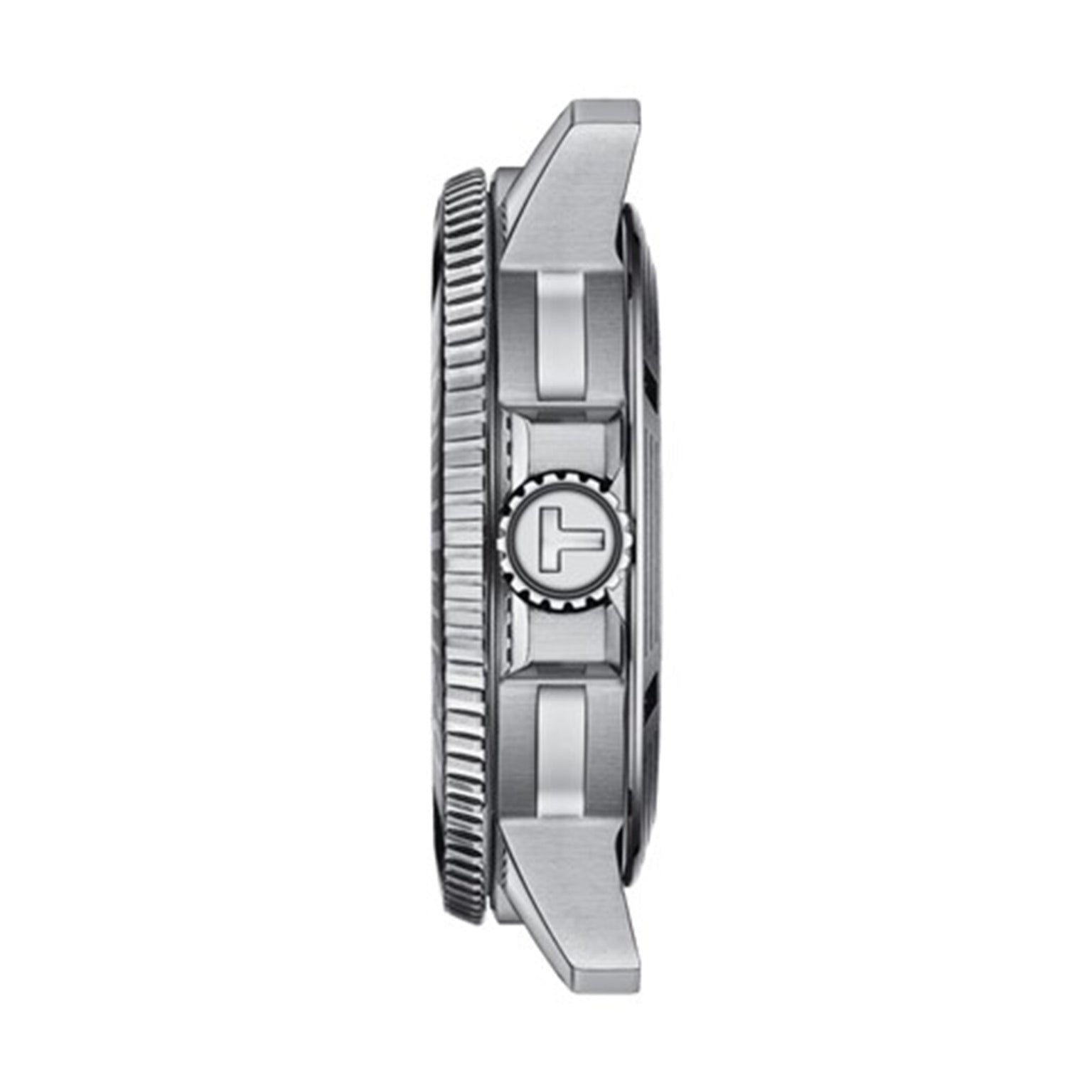 Side view of the Tissot Seastar 1000 Powermatic 80 case with a textured bezel and a crown bearing the T logo, photographed against a white background.