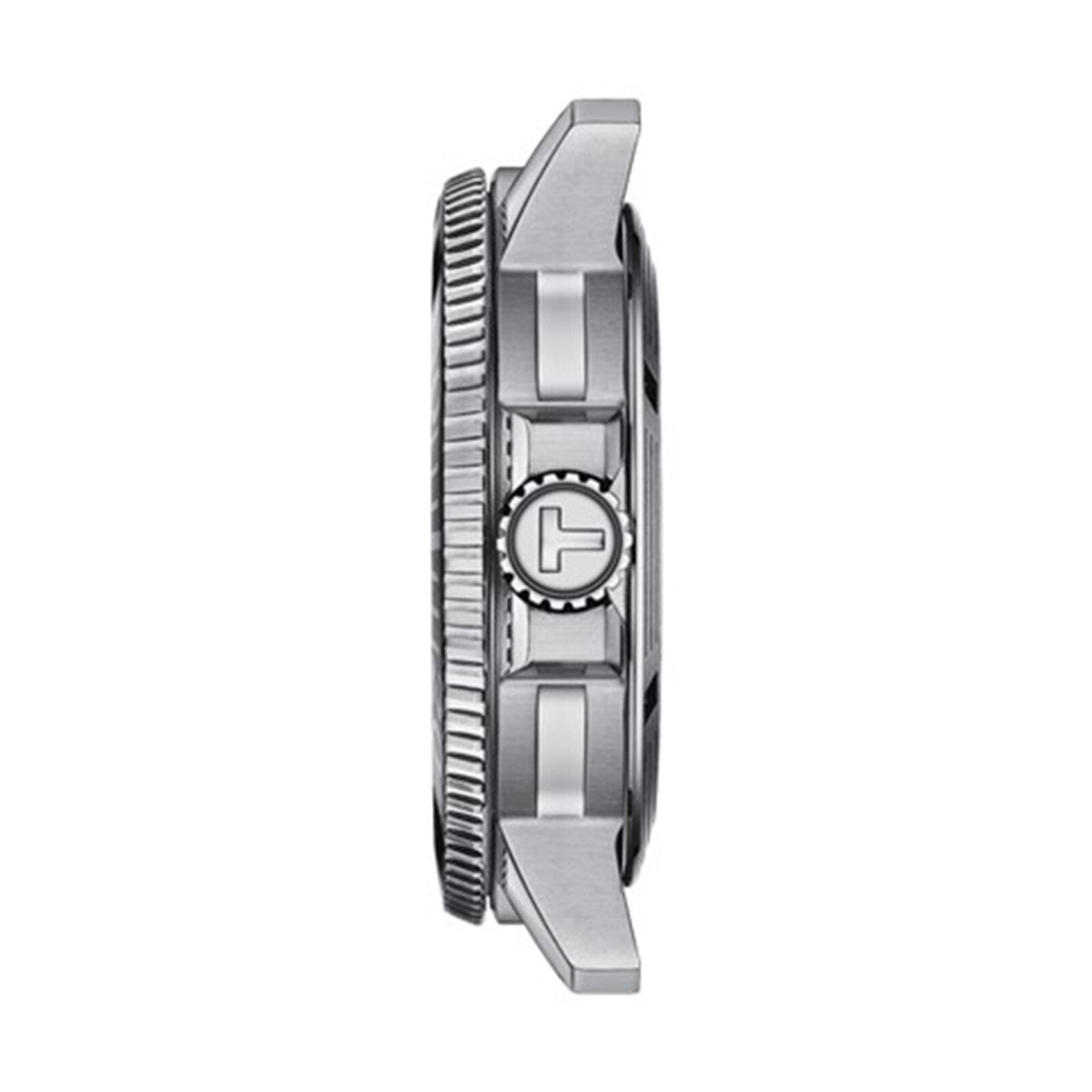 Side view of the Tissot Seastar 1000 Powermatic 80 case with a textured bezel and a crown bearing the T logo, photographed against a white background.