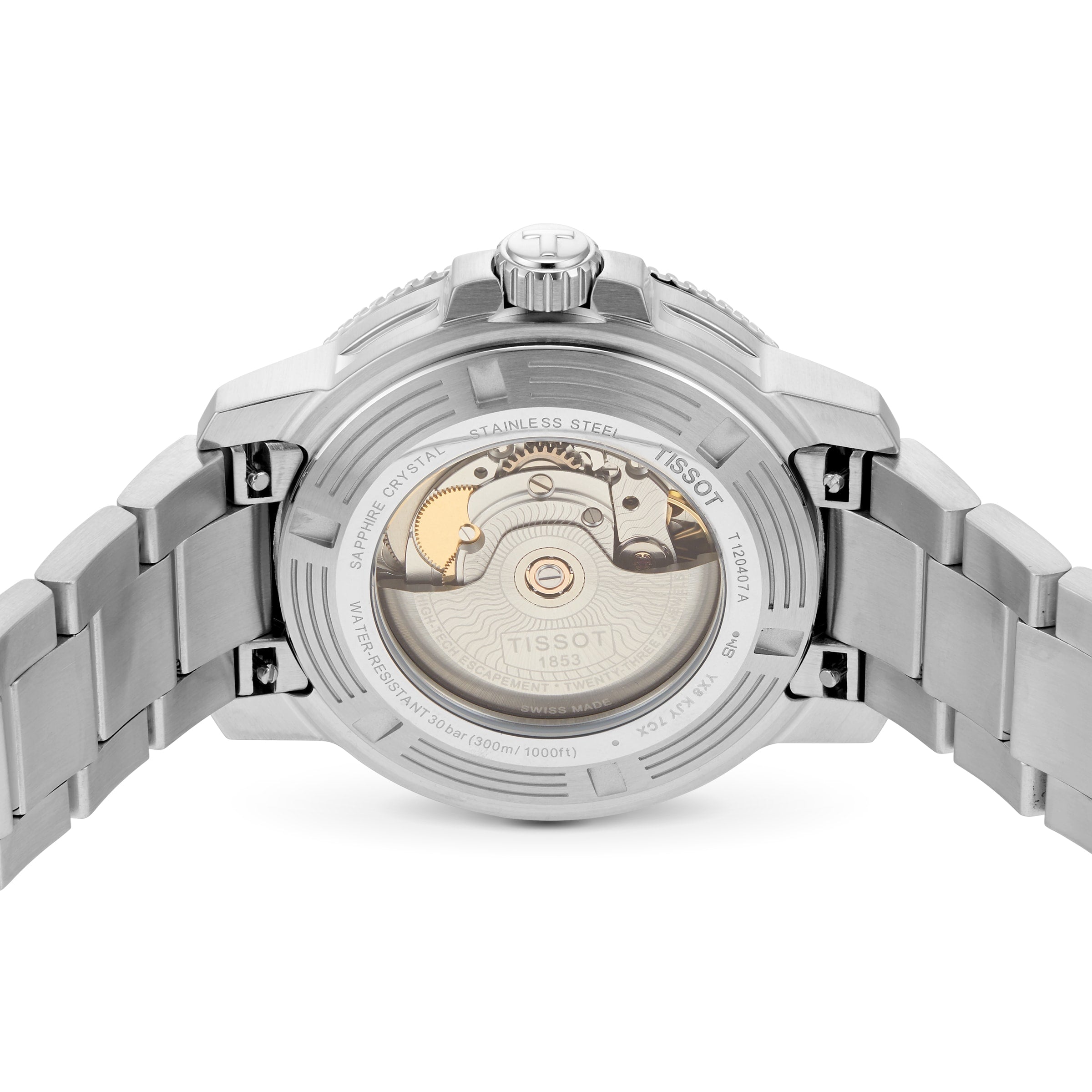 Close-up of the back of the Tissot Seastar 1000 Powermatic 80, showcasing its exposed automatic movement and stainless steel design.