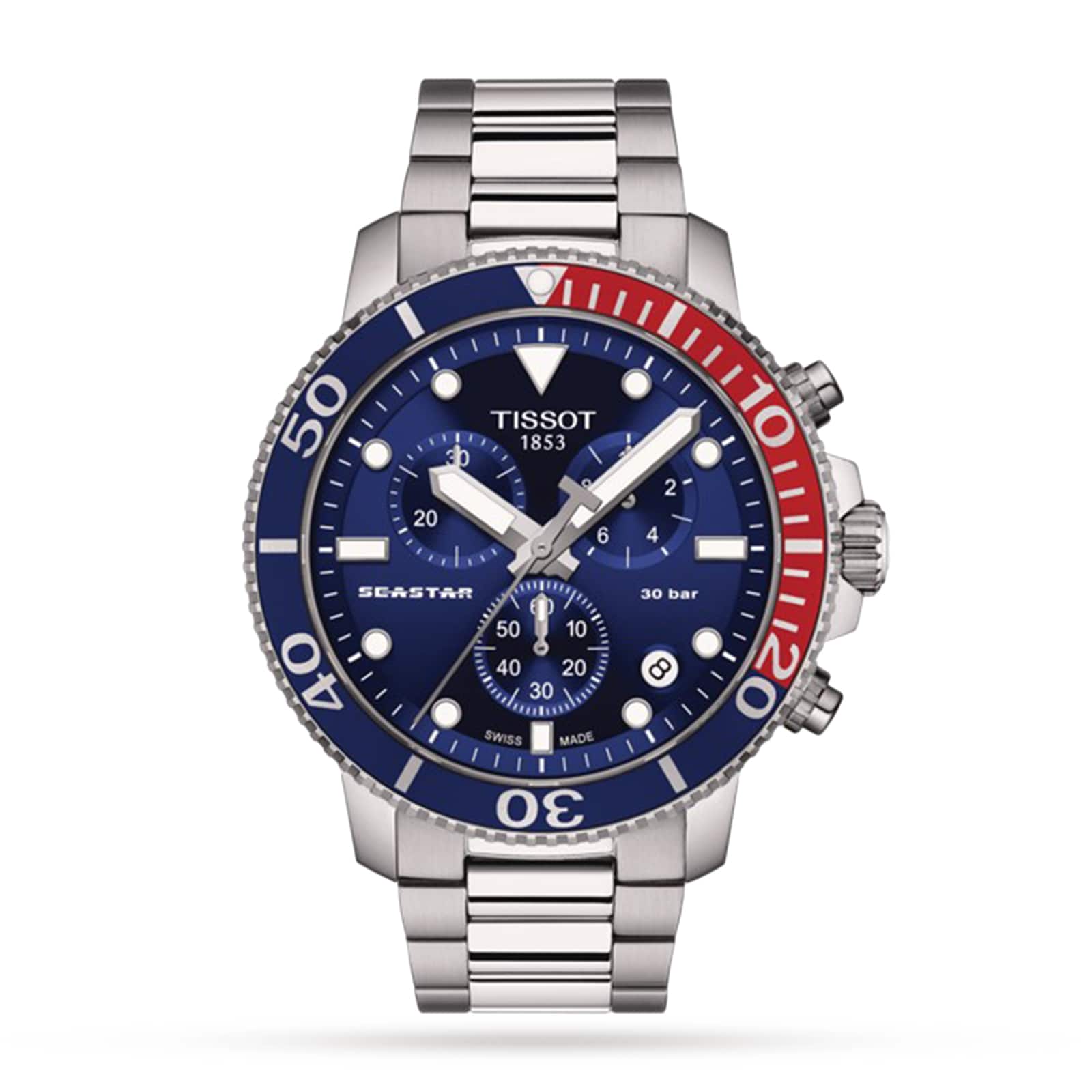 The Tissot Seastar 1000 Quartz Chronograph features a stainless steel band, blue dial, SuperLuminova® hands, red and blue bezel, three subdials, date at 4 oclock, and water resistance.