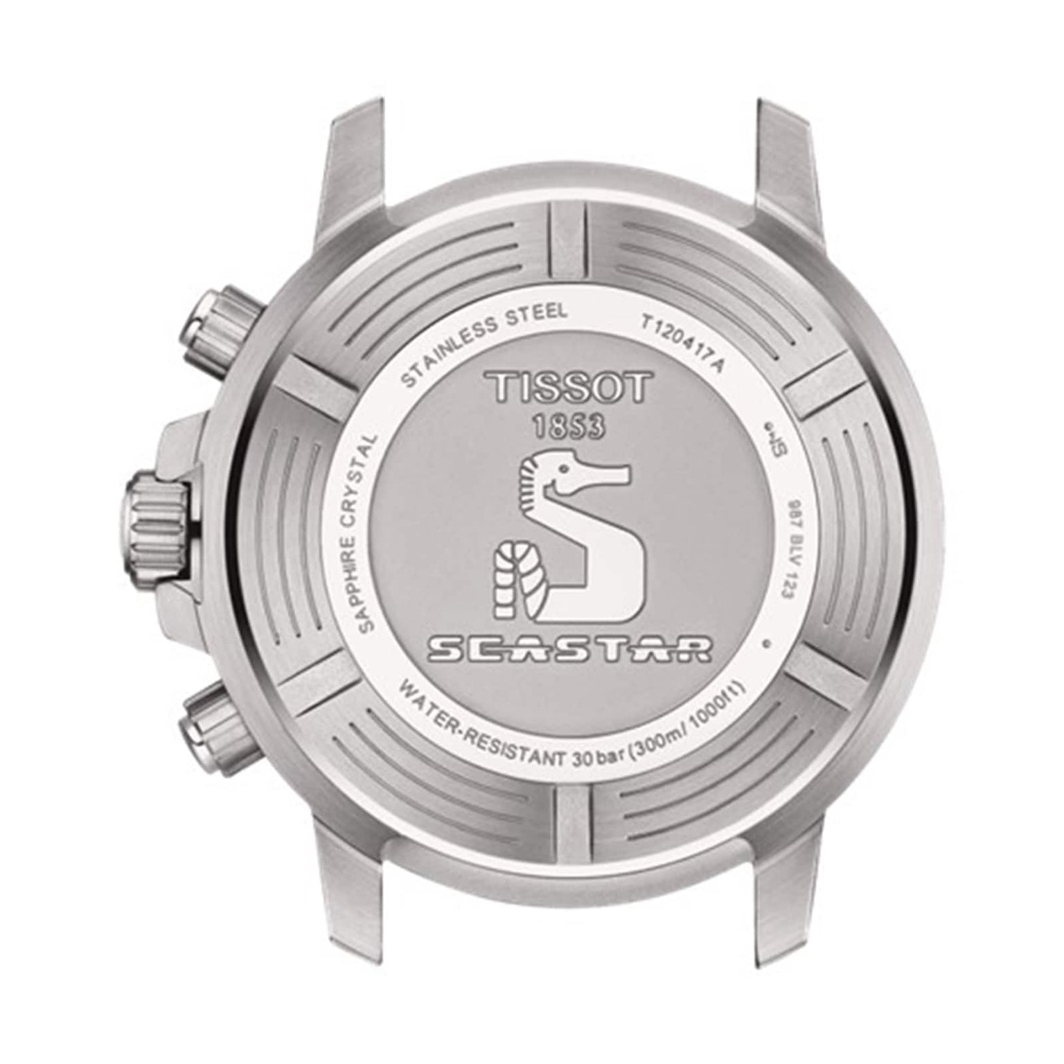 Back view of the Tissot Seastar 1000 Quartz Chronograph case displays the brand, logo, stainless steel, SuperLuminova®, water resistance info, model number, and sapphire crystal details.