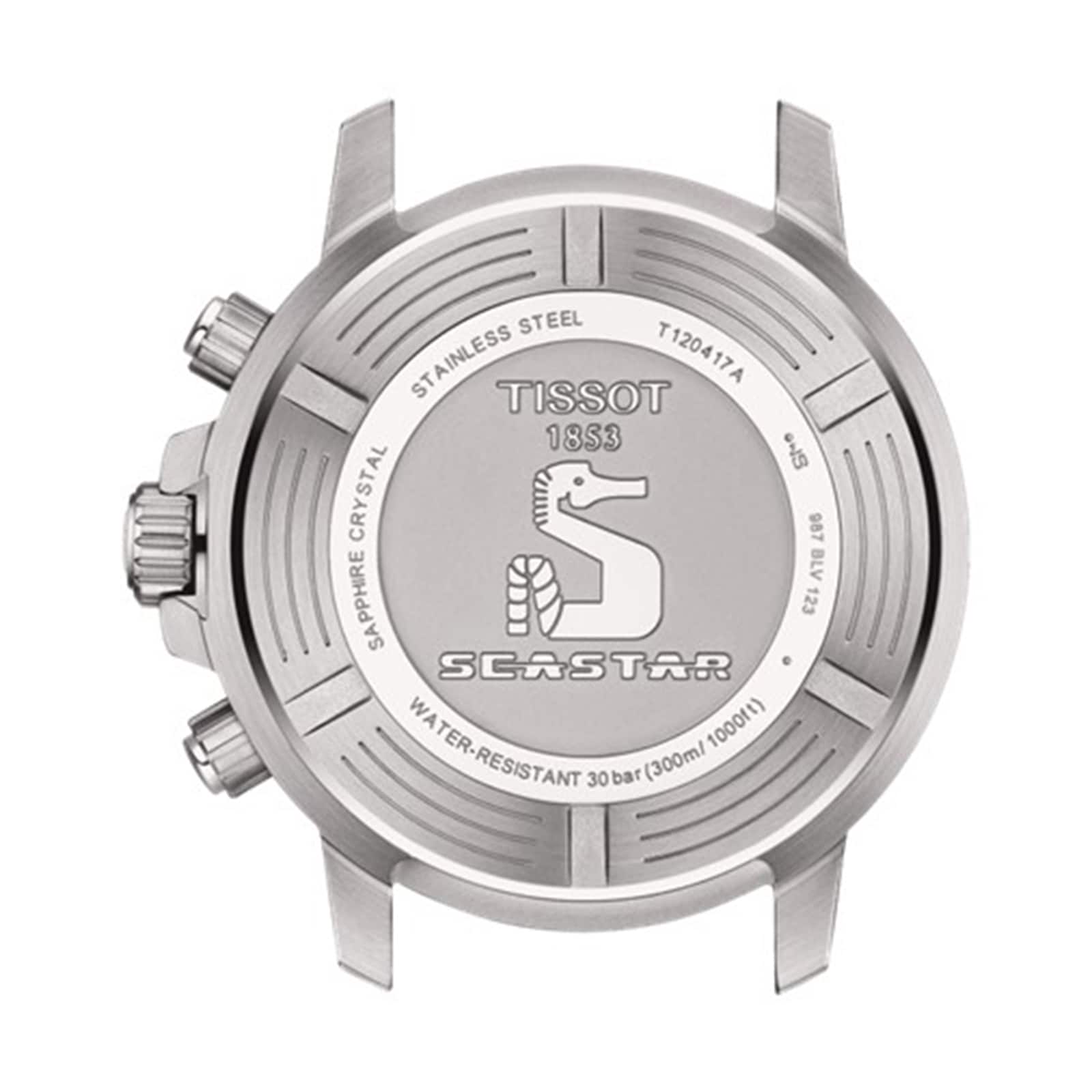 Back view of the Tissot Seastar 1000 Quartz Chronograph case displays the brand, logo, stainless steel, SuperLuminova®, water resistance info, model number, and sapphire crystal details.