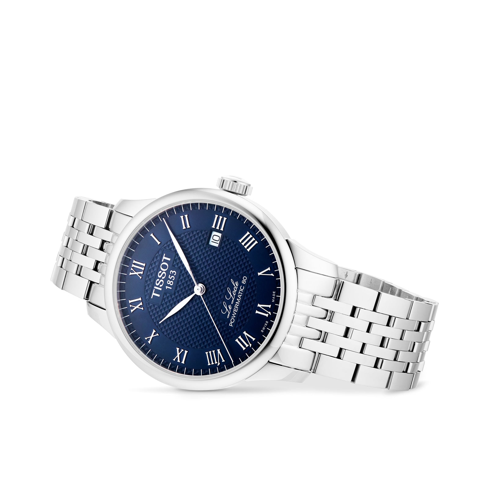 The Tissot Le Locle Powermatic 80 wristwatch features a blue textured dial with silver Roman numerals, date display, Powermatic 80 movement, and a stainless steel link bracelet, shown angled on a white background.