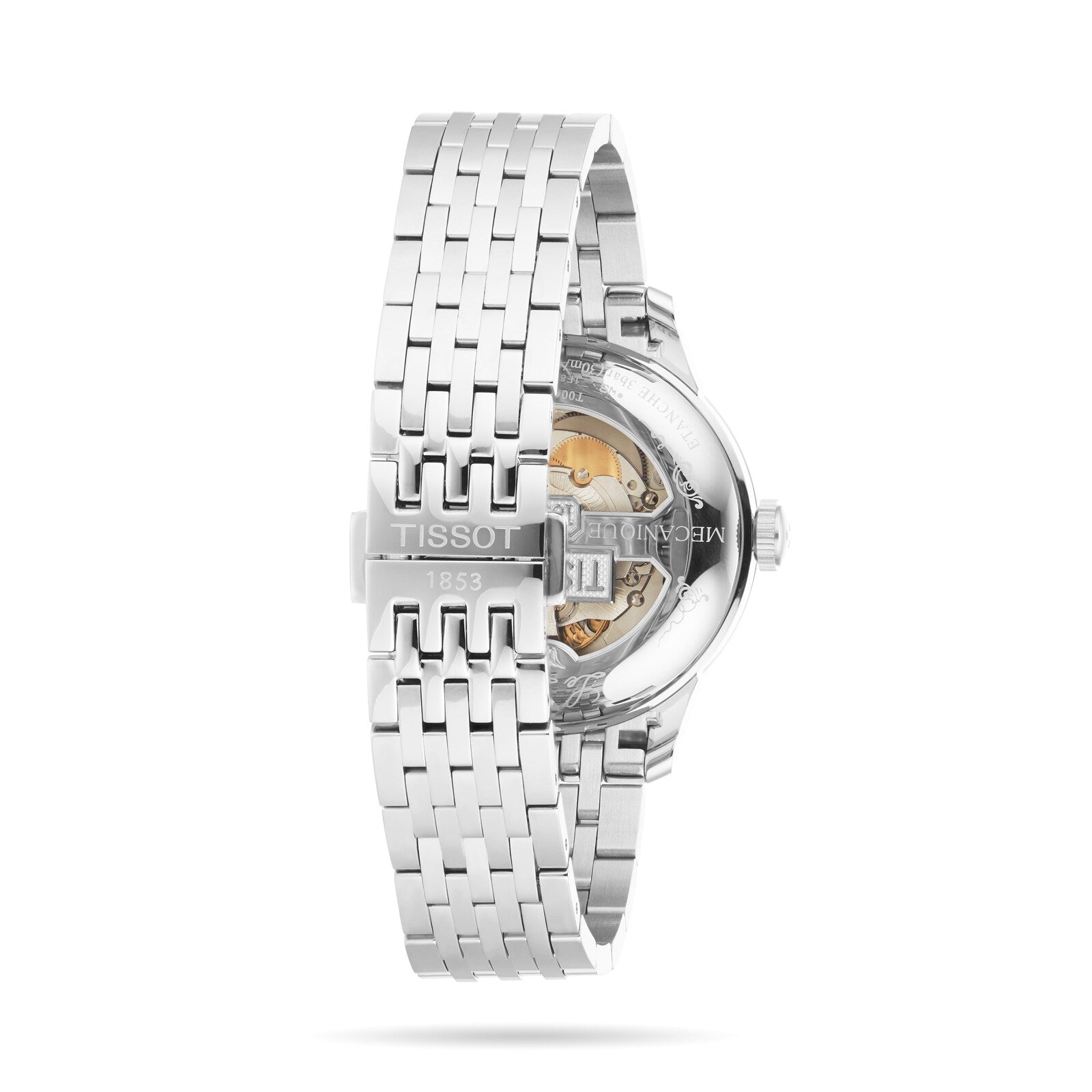 A Tissot Le Locle Powermatic 80 wristwatch is shown from the back, highlighting its branded clasp and transparent case back that reveals the Powermatic 80 movement—a nod to Tissot’s craftsmanship.