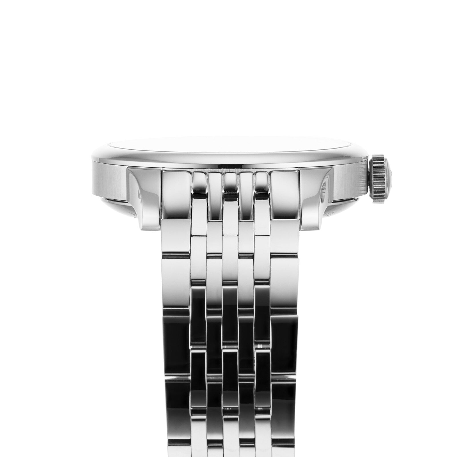Side view of the Tissot Le Locle Powermatic 80, a silver wristwatch with a metal link band, showcasing the crown and watch face edge. Inspired by Le Locle, it features elegant design and precise Powermatic 80 movement.