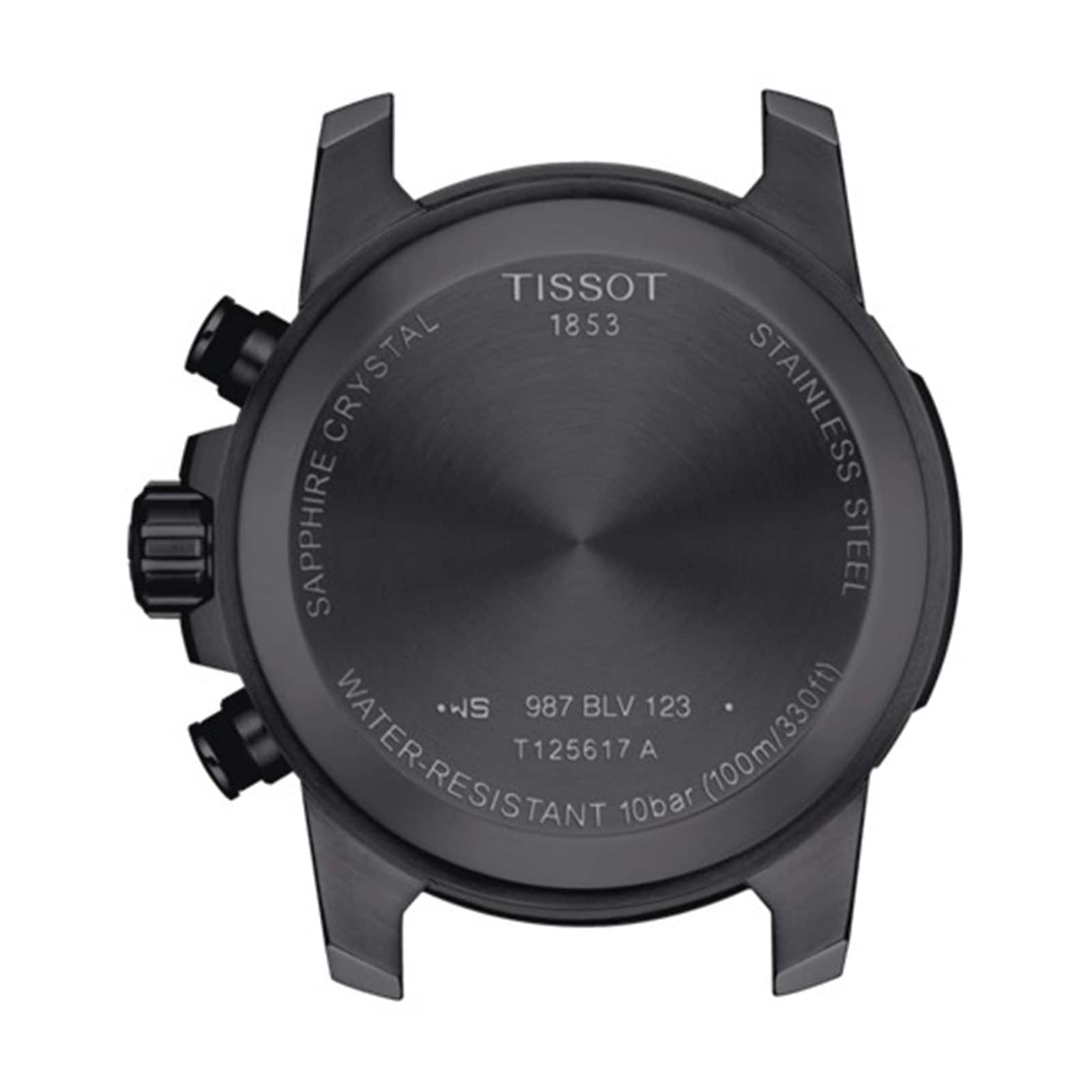 Back view of the Tissot Supersport Chrono case displays engravings for sapphire crystal, stainless steel, model T125617A, 10 bar/100m water resistance, and Swiss quartz movement.