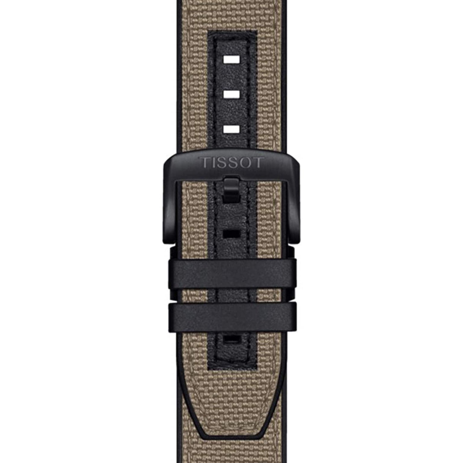 A close-up of the Tissot Supersport Chrono strap shows a black buckle, black edges, and a textured beige fabric center—capturing the refined style of Tissots Swiss quartz watches.