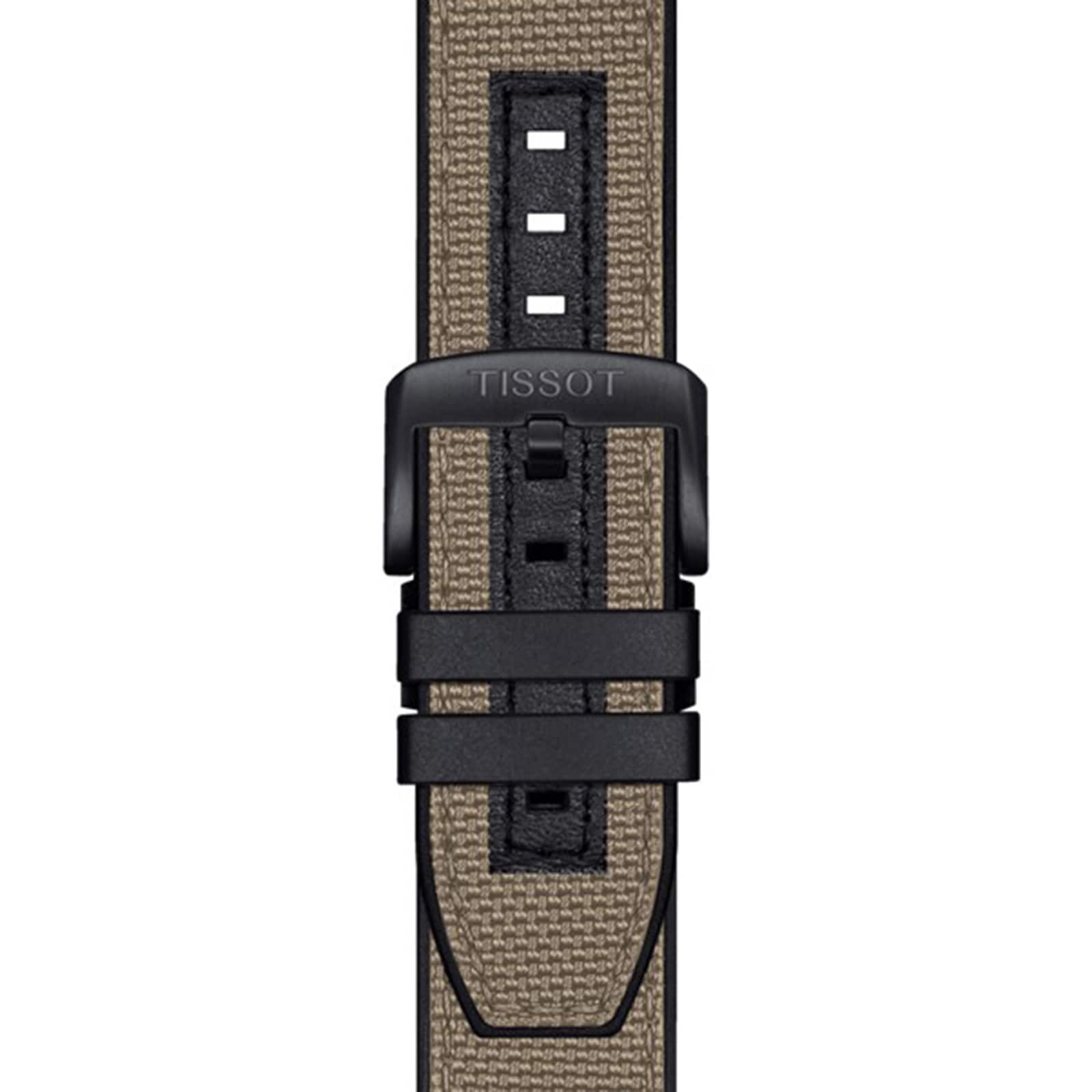 A close-up of the Tissot Supersport Chrono strap shows a black buckle, black edges, and a textured beige fabric center—capturing the refined style of Tissots Swiss quartz watches.