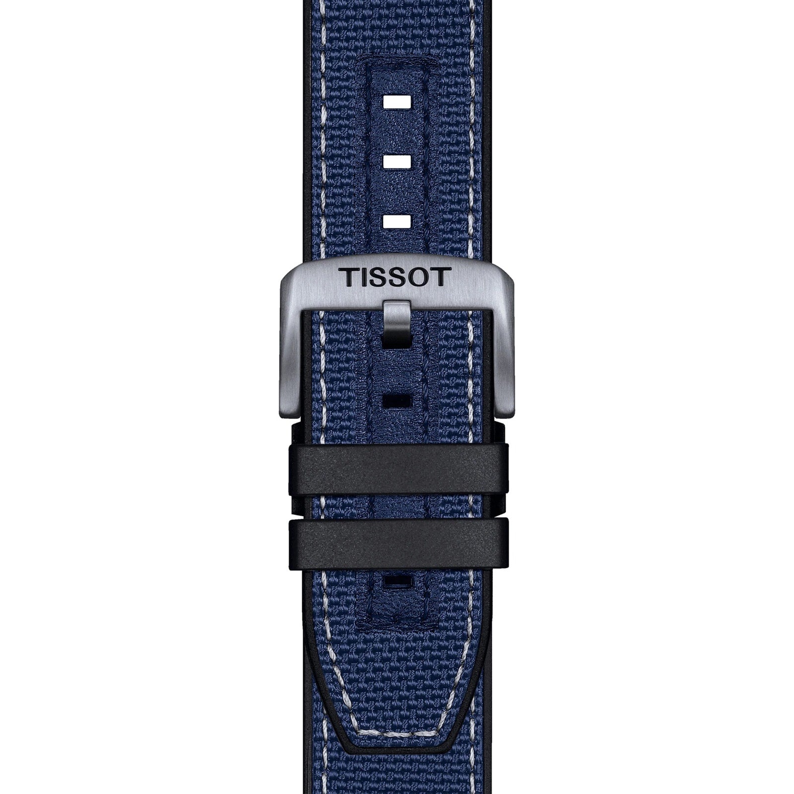 A blue textured Tissot strap with white stitching, metal buckle, and two black loops—ideal for your Supersport Chrono or any Tissot watch.