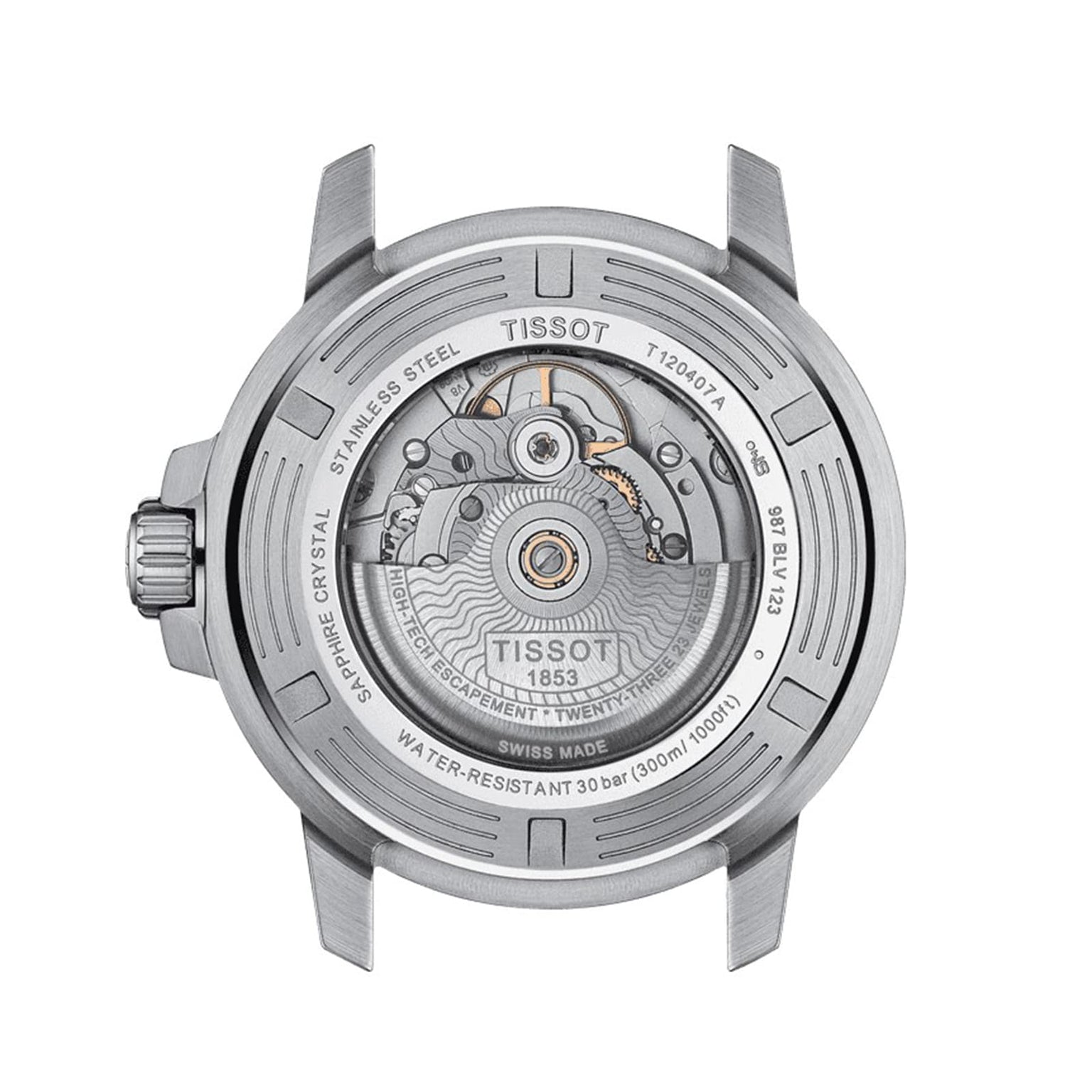 Back view of the Tissot Seastar 1000 Powermatic 80 reveals its stainless steel case, Powermatic 80 movement, water resistance and sapphire crystal engravings—an ideal diver’s watch for enthusiasts.