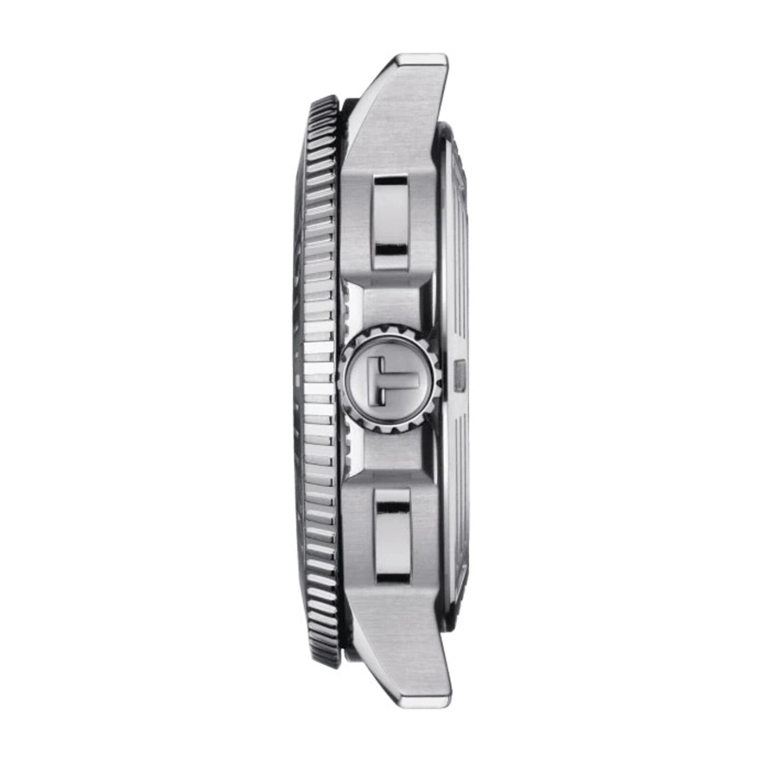 Side view of the Tissot Seastar 1000 Powermatic 80 divers watch in silver, highlighting the crown, two pushers, and notched bezel edge against a white background.