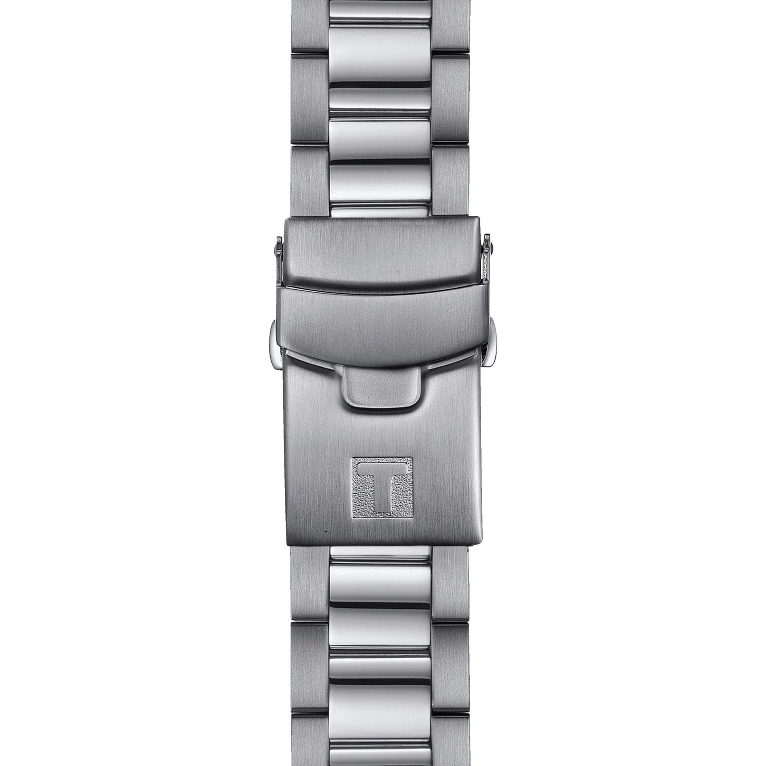 The Tissot Seastar 1000 Powermatic 80 features a silver metal watch band with a clasp engraved with the T logo, displayed on a white background.