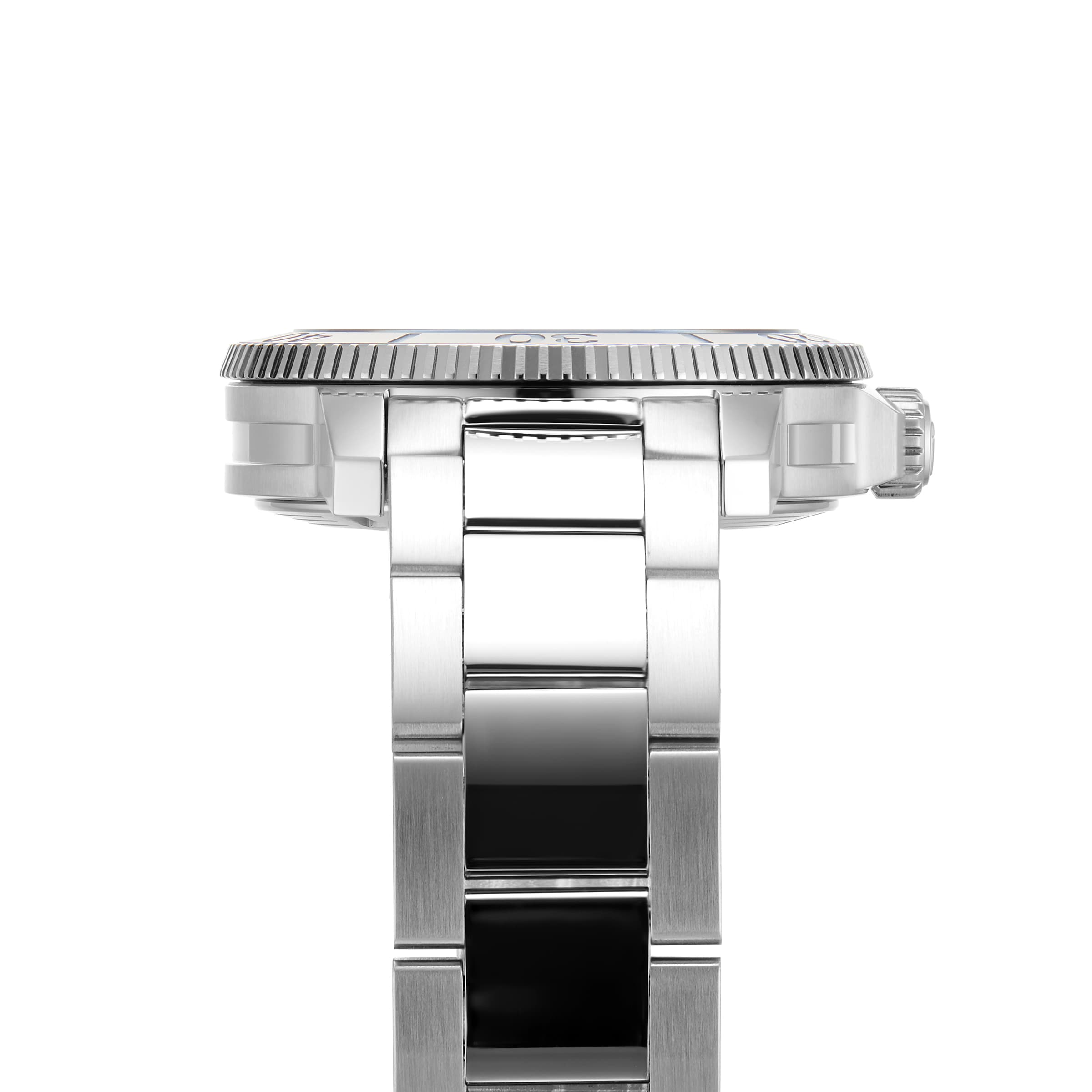Side view of the Tissot Seastar 1000 Powermatic 80, a divers watch with a stainless steel bracelet and textured bezel, shown on a white background.