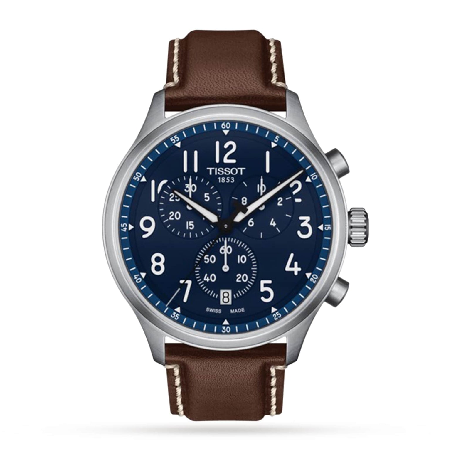The Tissot Chrono XL Vintage features a blue dial with white numerals, three subdials, a date display at 4 oclock, and a brown leather strap with white stitching for classic style.
