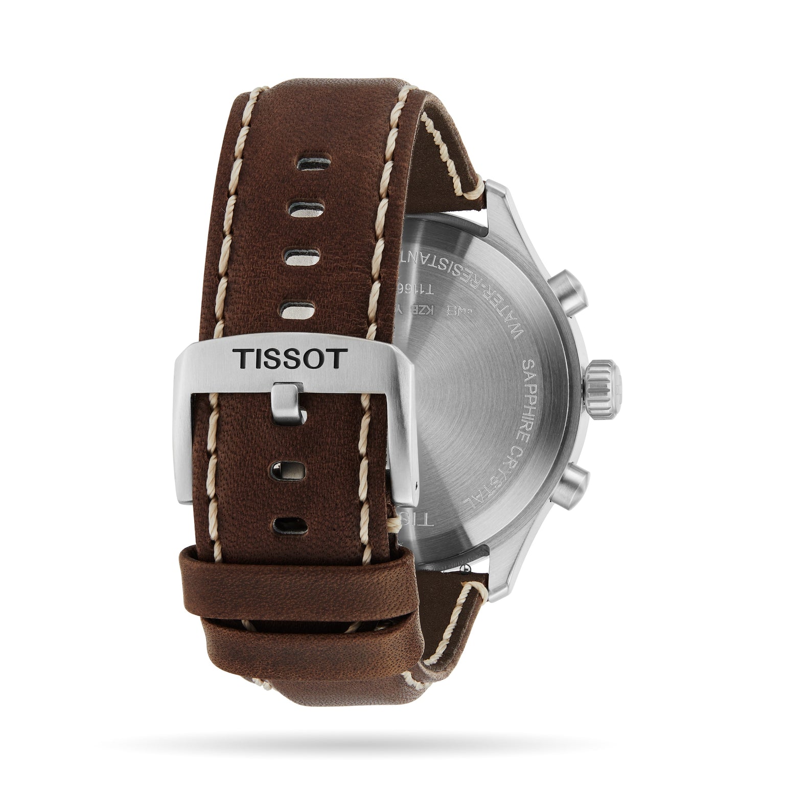 Back view of the Tissot Chrono XL Vintage watch, showcasing its brown leather strap with white stitching, silver buckle, and engraved stainless steel case for a classic look.