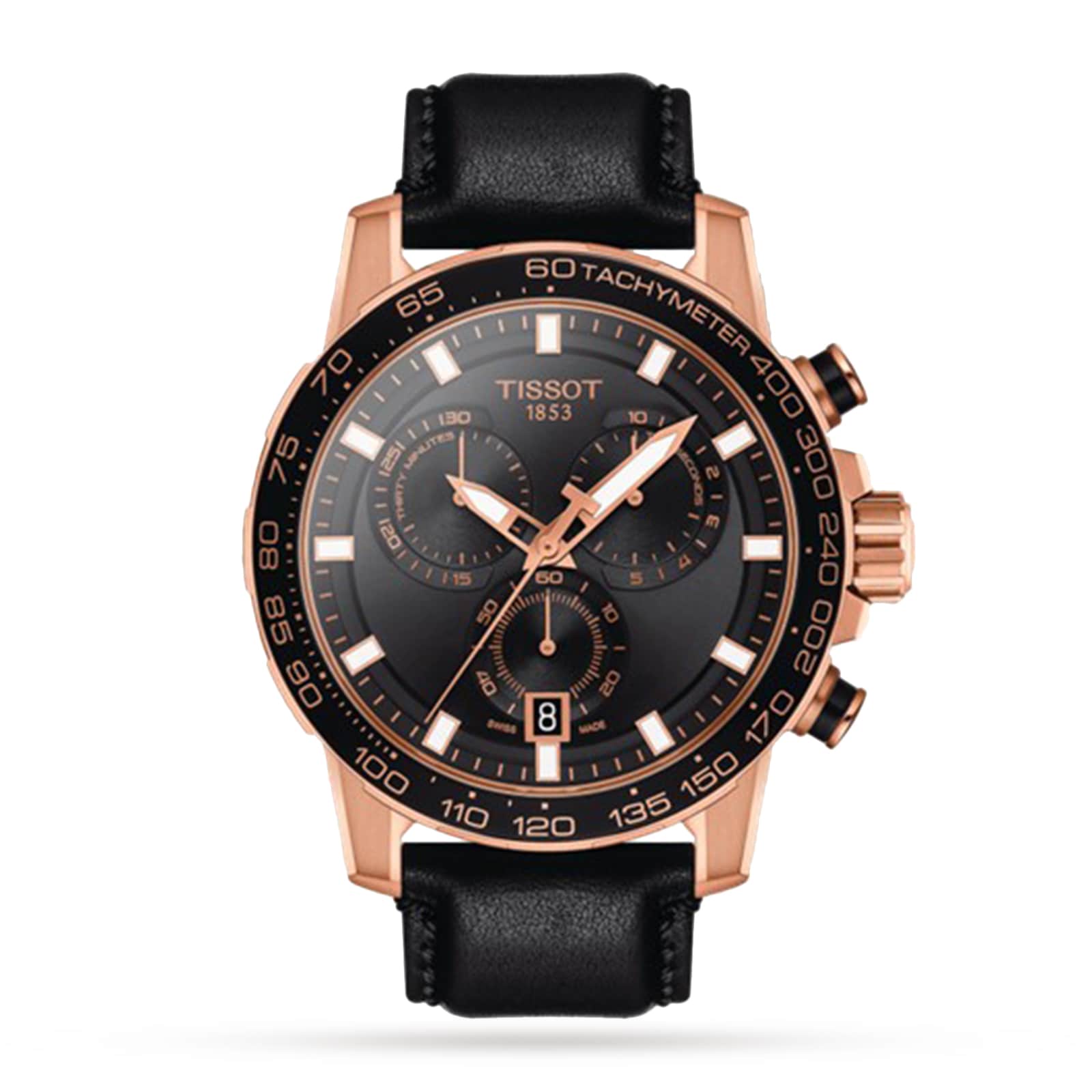The Tissot Supersport Chrono features a black dial, rose gold case, black leather strap, Swiss quartz movement, and tachymeter bezel—a stylish choice for any luxury watch collection.