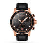 The Tissot Supersport Chrono features a black dial, rose gold case, black leather strap, Swiss quartz movement, and tachymeter bezel—a stylish choice for any luxury watch collection.