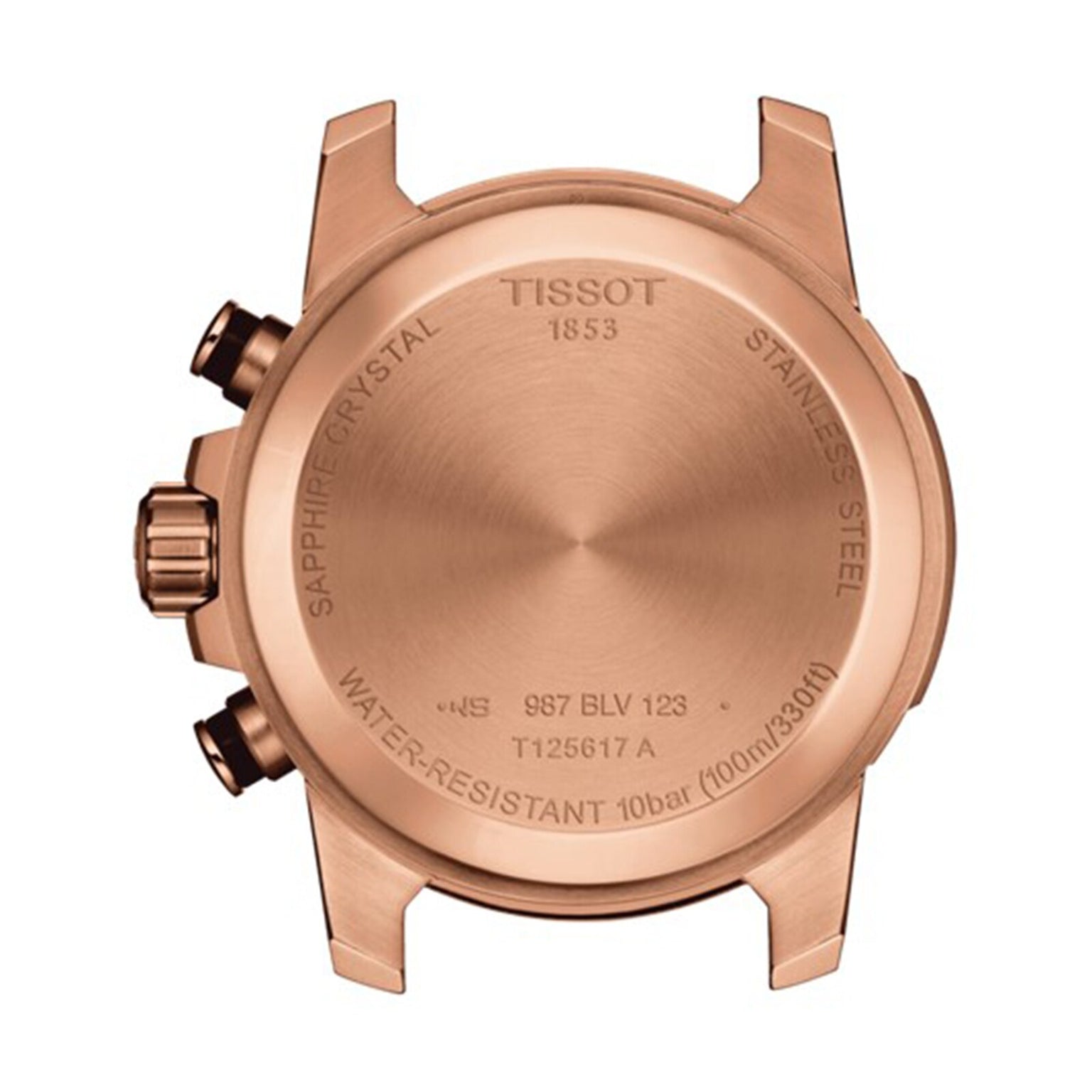 Back view of a rose gold Tissot Supersport Chrono watch case displaying inscriptions on water resistance, crystal type, stainless steel, Swiss quartz movement, and the model number.