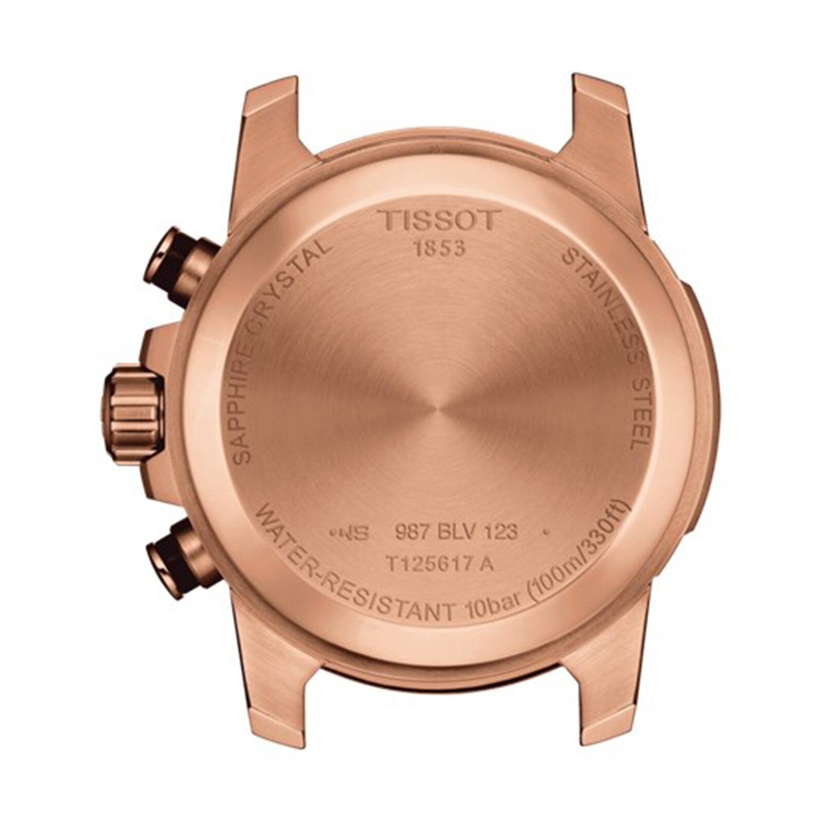 Back view of a rose gold Tissot Supersport Chrono watch case displaying inscriptions on water resistance, crystal type, stainless steel, Swiss quartz movement, and the model number.