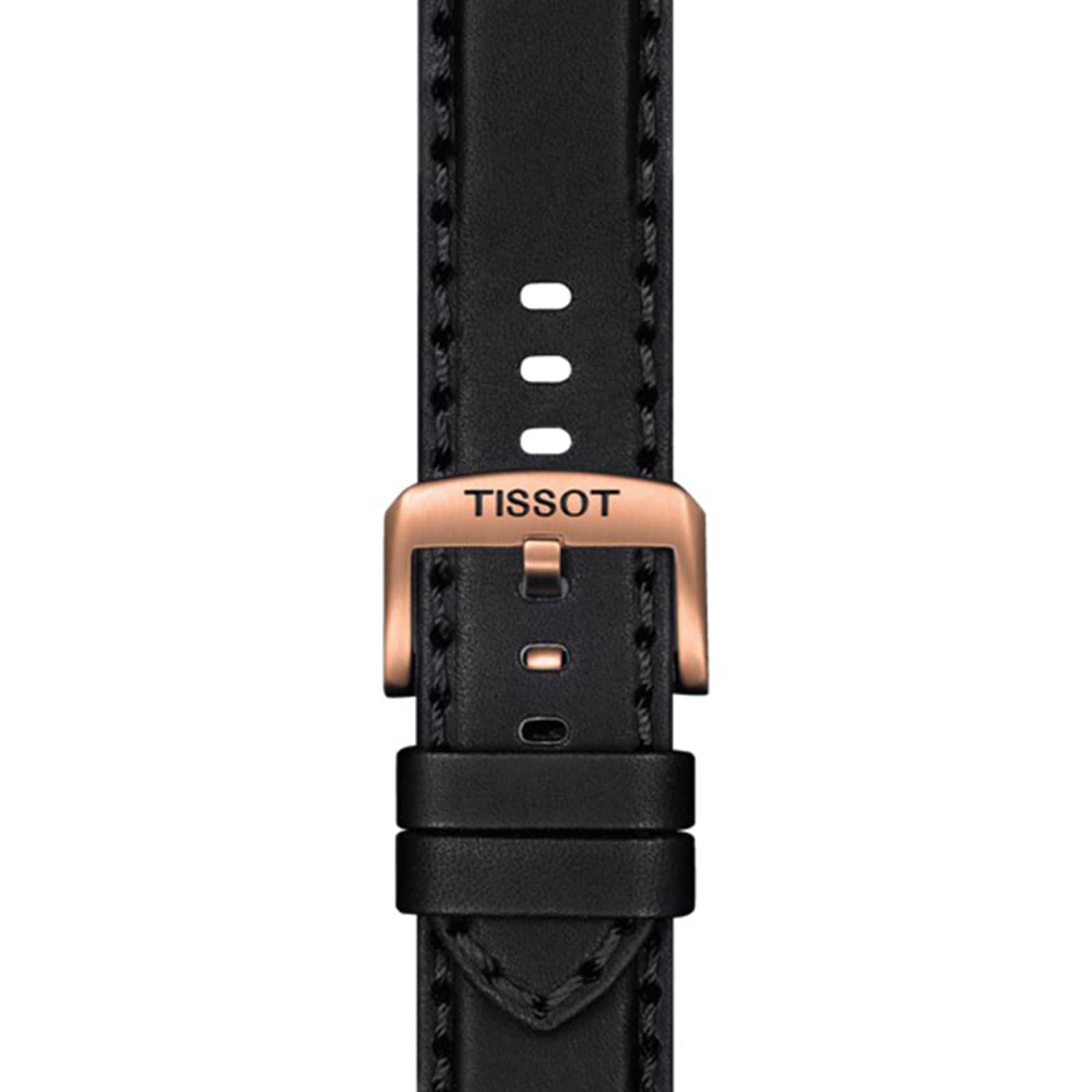 Close-up of a black leather strap with a rose gold Tissot-engraved buckle, showcasing the refined details of the Tissot Supersport Chrono luxury watch against a crisp white background.