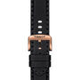 Close-up of a black leather strap with a rose gold Tissot-engraved buckle, showcasing the refined details of the Tissot Supersport Chrono luxury watch against a crisp white background.