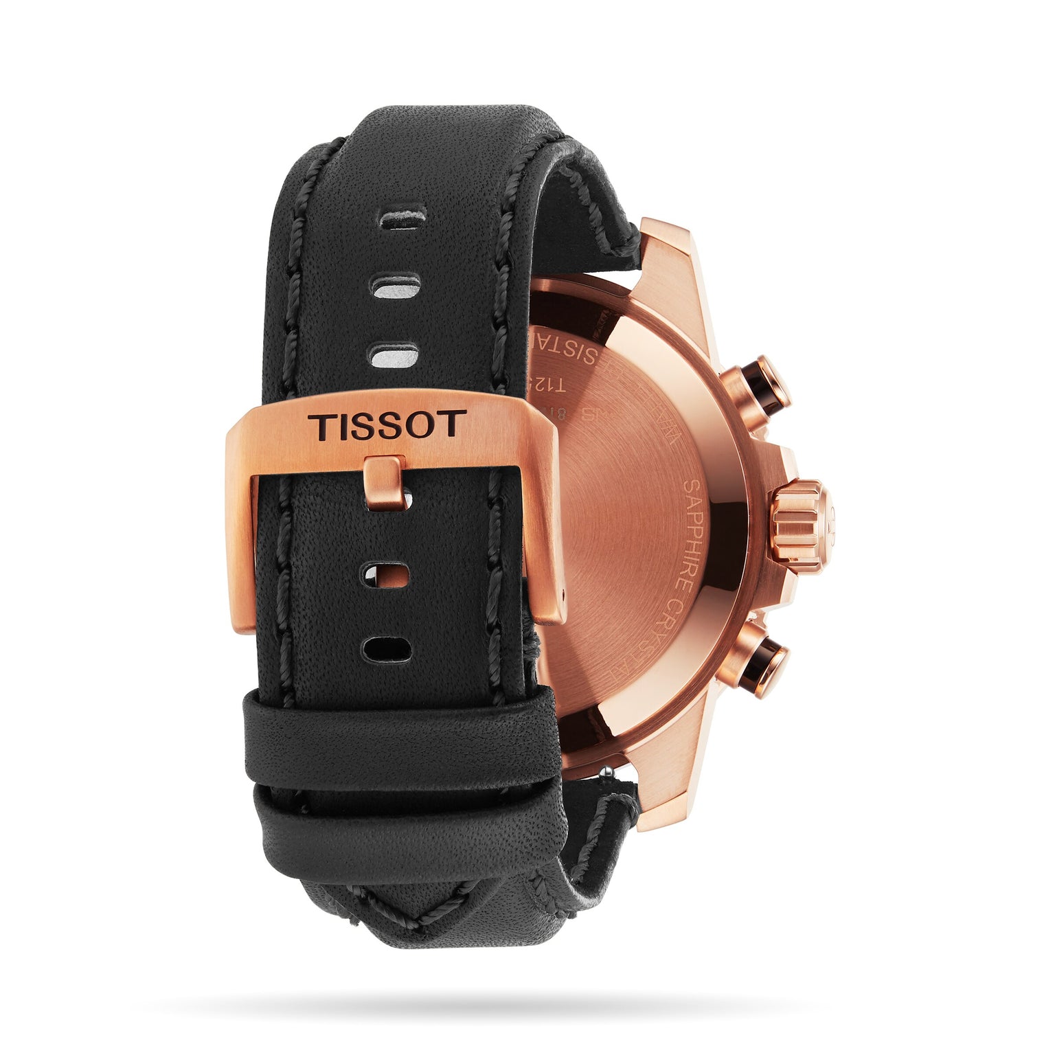 A close-up rear view of the Tissot Supersport Chrono highlights its black leather strap and rose gold case, exemplifying the elegance and precision of this luxury Swiss quartz timepiece.