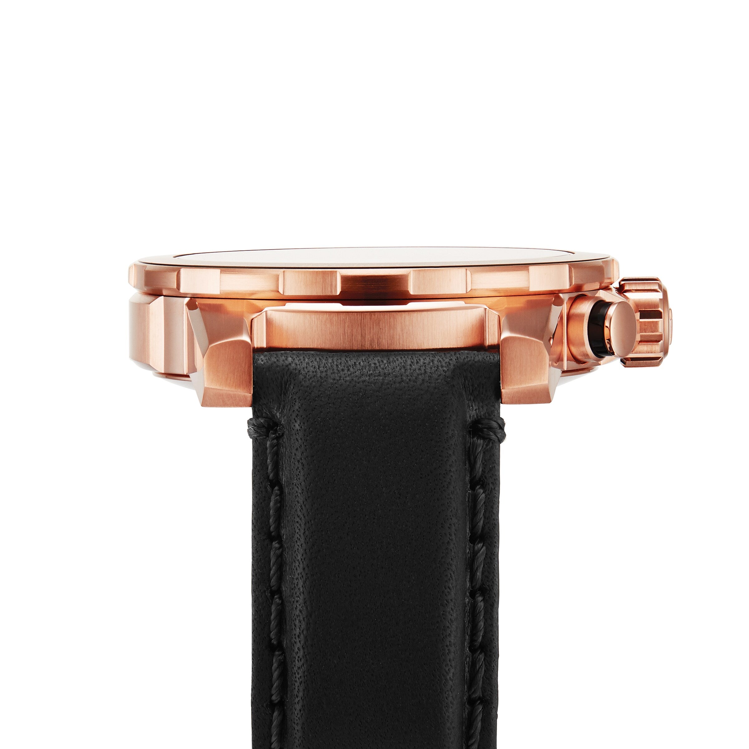 Side view of the Tissot Supersport Chrono rose gold wristwatch featuring a black leather strap and visible crown.