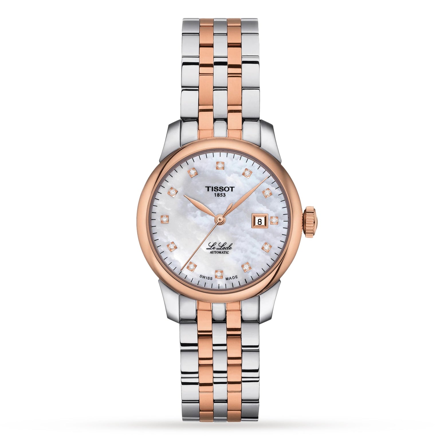 The Tissot Le Locle Automatic features a two-tone silver and rose gold bracelet, white dial with diamond hour markers, date display, Swiss automatic movement, and the Le Locle inscription on the face.