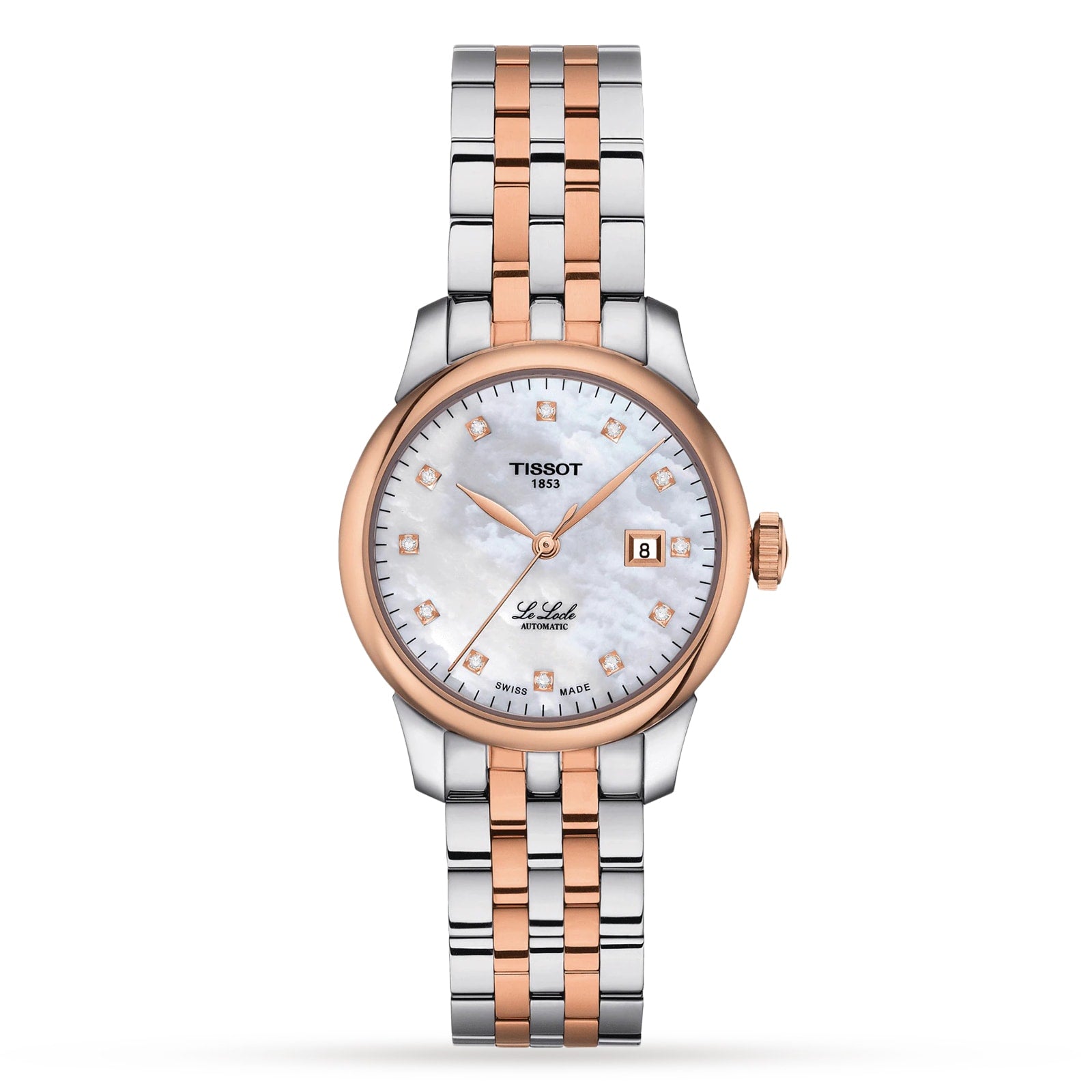 The Tissot Le Locle Automatic features a two-tone silver and rose gold bracelet, white dial with diamond hour markers, date display, Swiss automatic movement, and the Le Locle inscription on the face.