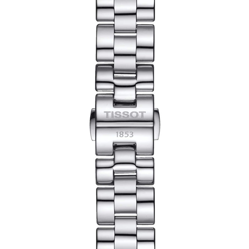 Close-up of a silver Tissot T-Wave watch bracelet, featuring the engraved brand name and 1853 on the clasp—a mark of refined feminine elegance.
