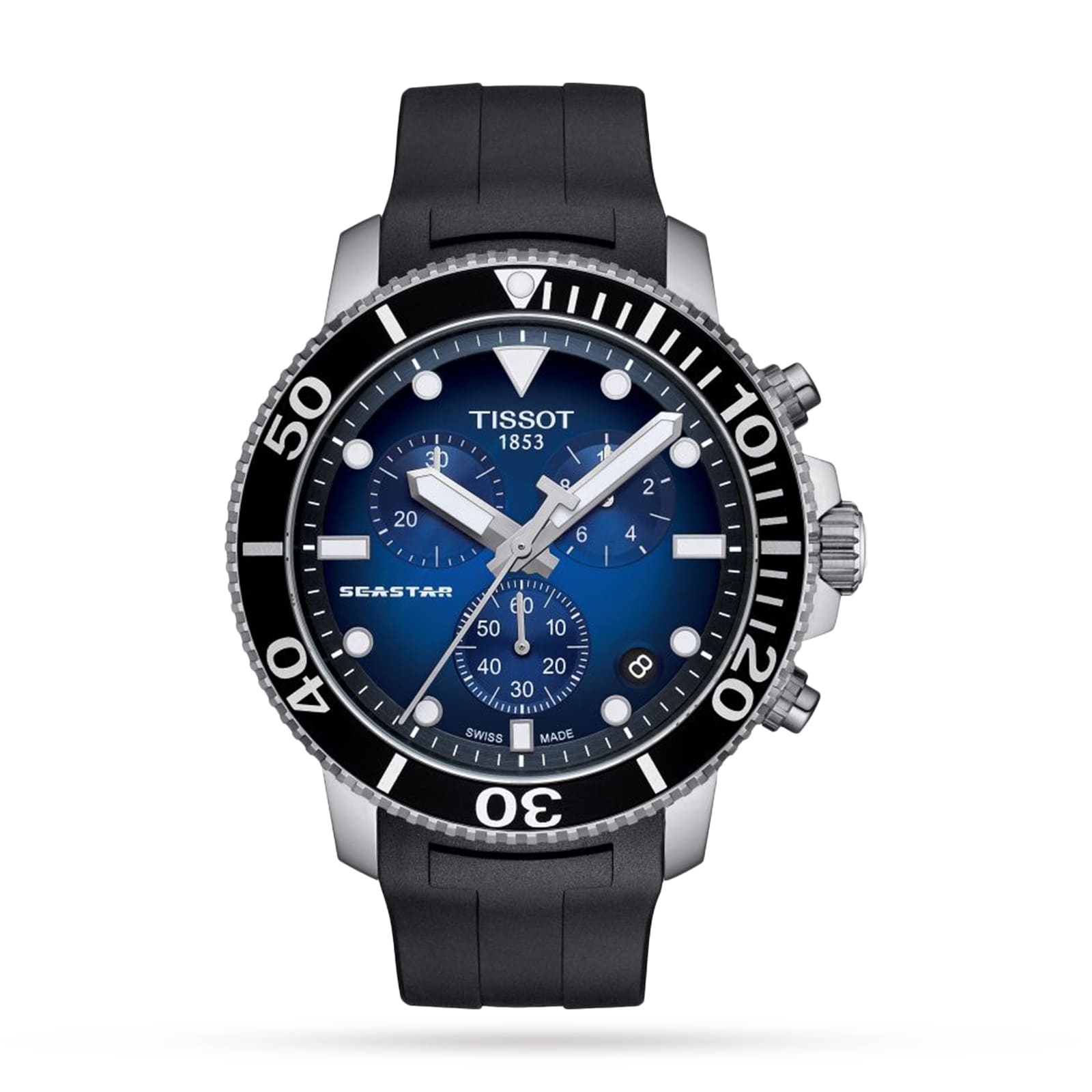 The Tissot Seastar 1000 Chronograph features a black bezel, blue dial, white markers, and black rubber strap—water resistant and perfect for underwater adventures.