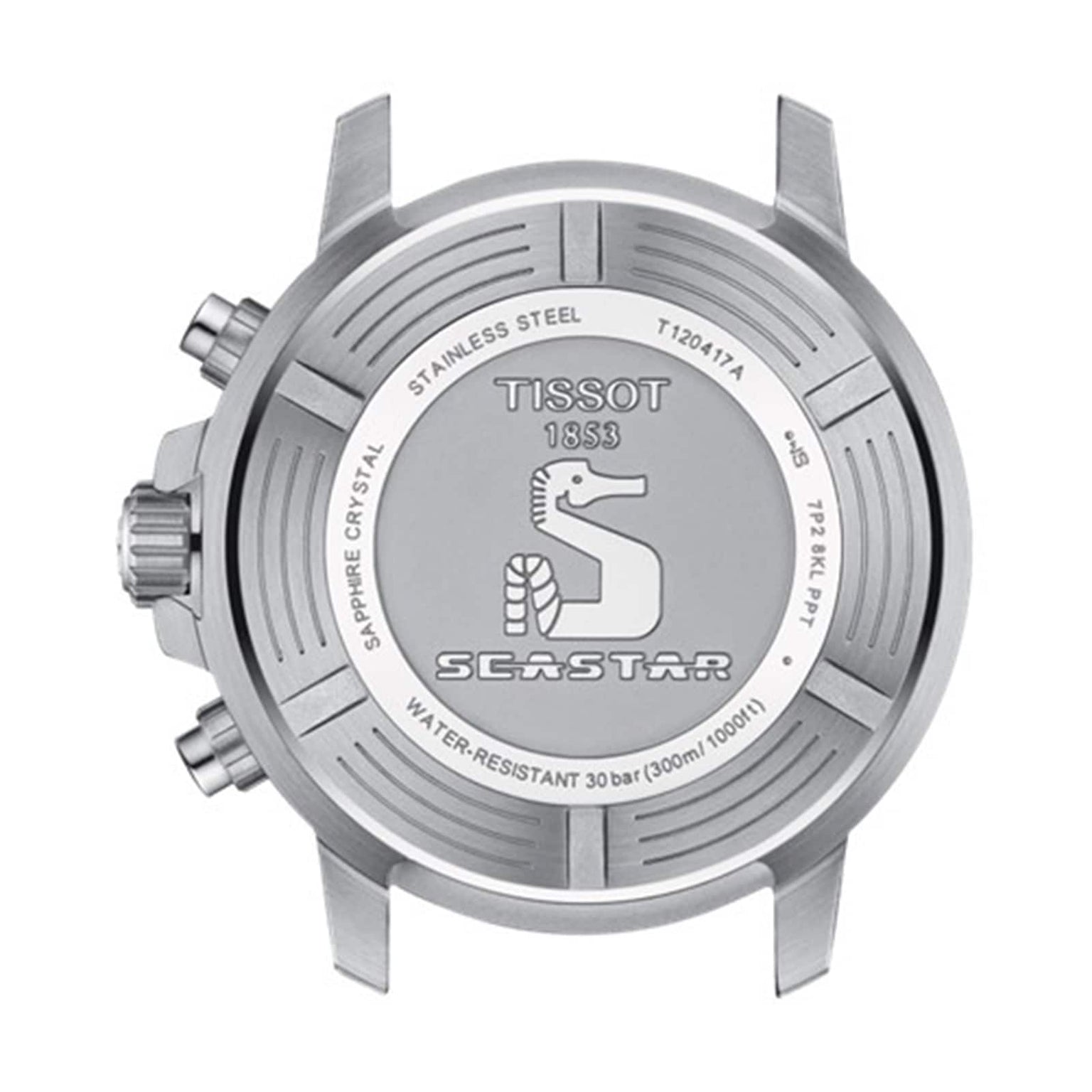 Back view of the Tissot Seastar 1000 Chronograph case, showcasing its logo, stainless steel build, water resistance, and technical details.