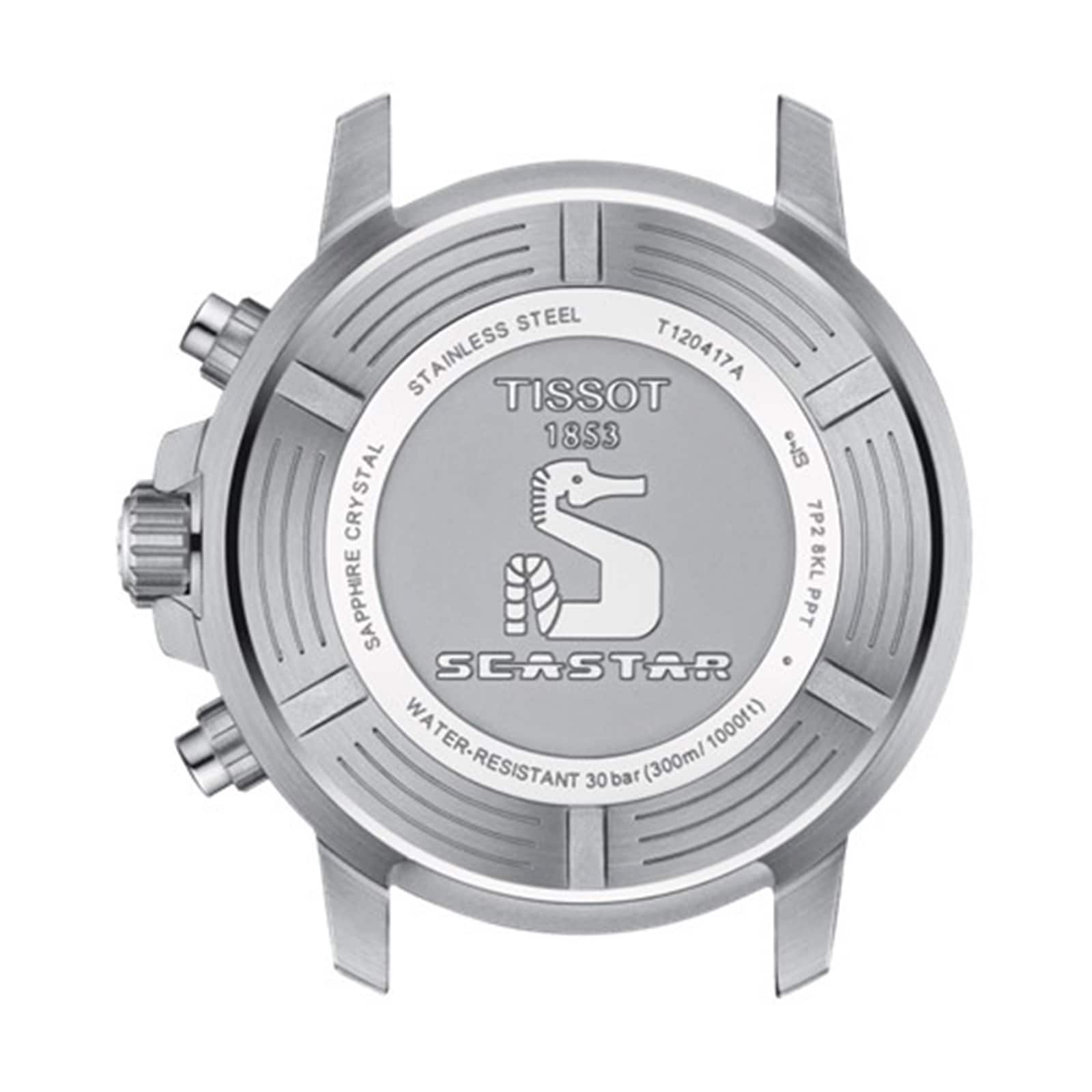 Back view of the Tissot Seastar 1000 Chronograph case, showcasing its logo, stainless steel build, water resistance, and technical details.