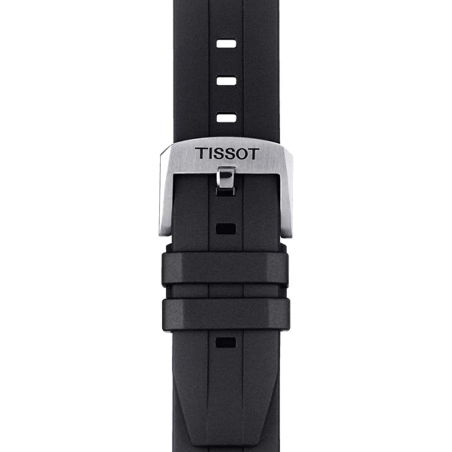 Top view of the Tissot Seastar 1000 Chronograph black watch strap with silver buckle and visible adjustment holes.