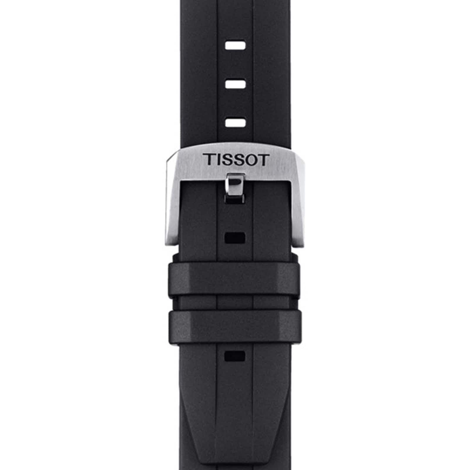Top view of the Tissot Seastar 1000 Chronograph black watch strap with silver buckle and visible adjustment holes.