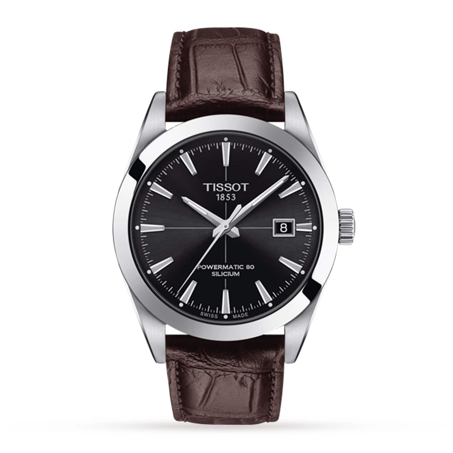 The Tissot Gentleman Powermatic 80 Silicium features a black dial, silver indices, date window, and a brown leather strap.
