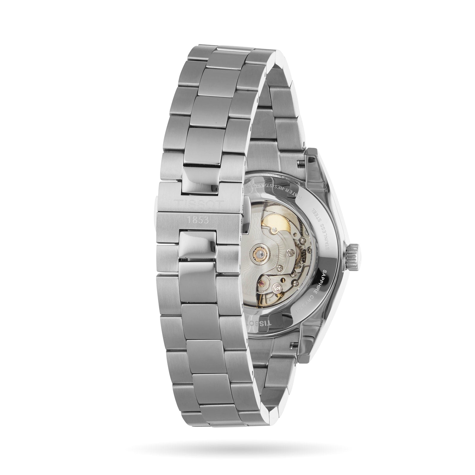 The Tissot Gentleman Powermatic 80 Silicium Solid 18K Gold Bezel wristwatch is shown from the back, highlighting its Powermatic 80 movement through a transparent case back.