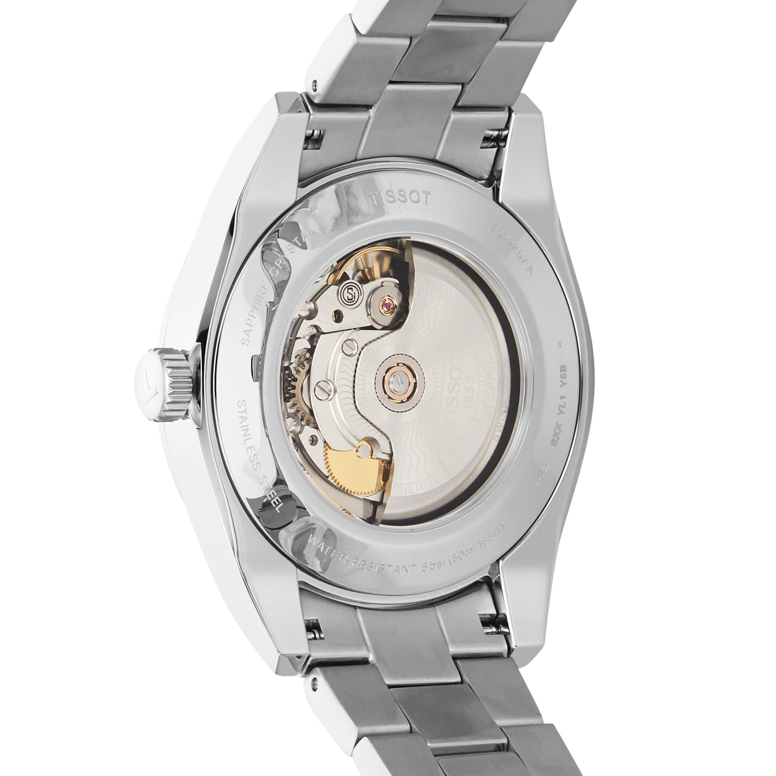 Close-up of the back of the Tissot Gentleman Powermatic 80 Silicium with solid 18K gold bezel, highlighting its exposed Powermatic 80 movement and intricate mechanics.