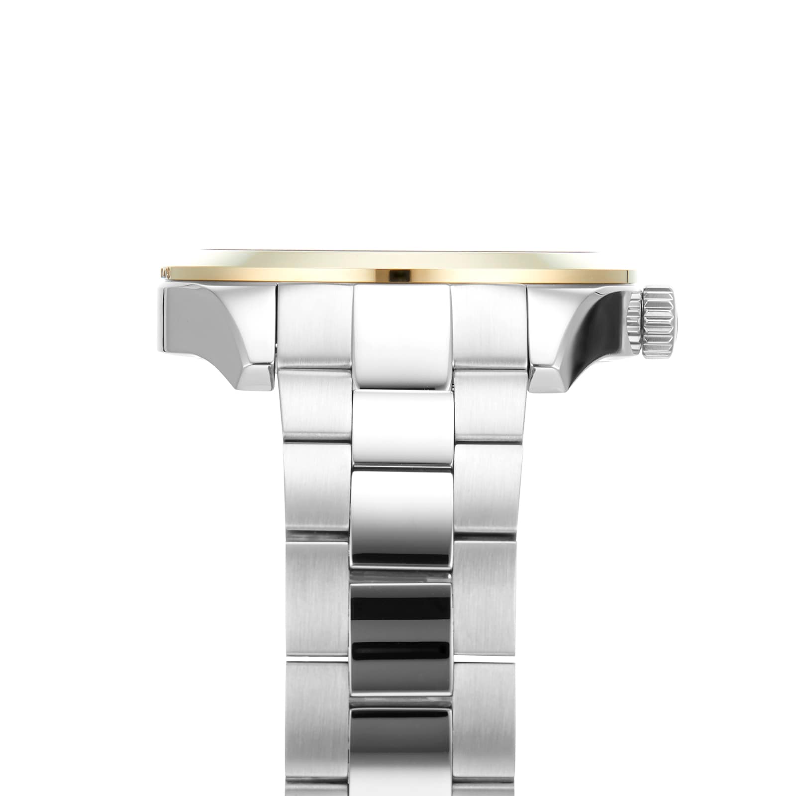 Side profile view of the Tissot Gentleman Powermatic 80 Silicium with a solid 18K gold bezel, highlighting its stainless steel bracelet links and crown against a white background.