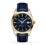 The Tissot Gentleman Powermatic 80 Silicium features a blue dial, solid 18k gold bezel, date at 3 o’clock, and blue leather strap. This luxury wristwatch boasts precise timekeeping with the renowned Powermatic 80 movement.