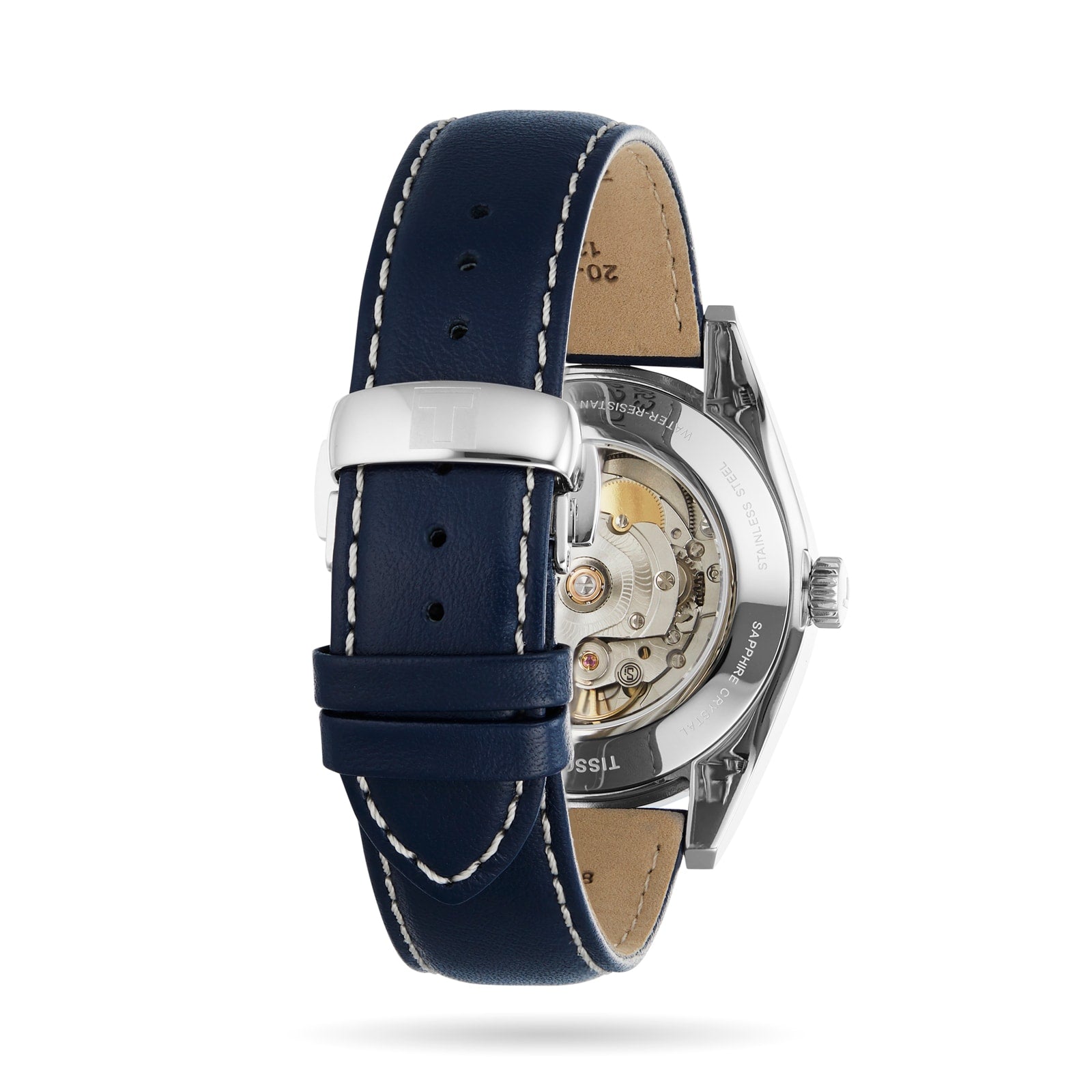 Back view of the Tissot Gentleman Powermatic 80 Silicium Solid 18k Bezel with a blue leather strap, displaying its exposed mechanical movement through the transparent caseback.